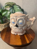 Vintage Sleepy Owl Ceramic Coffee Tea Two Sided Pitcher Retro 70s Wood Woodland