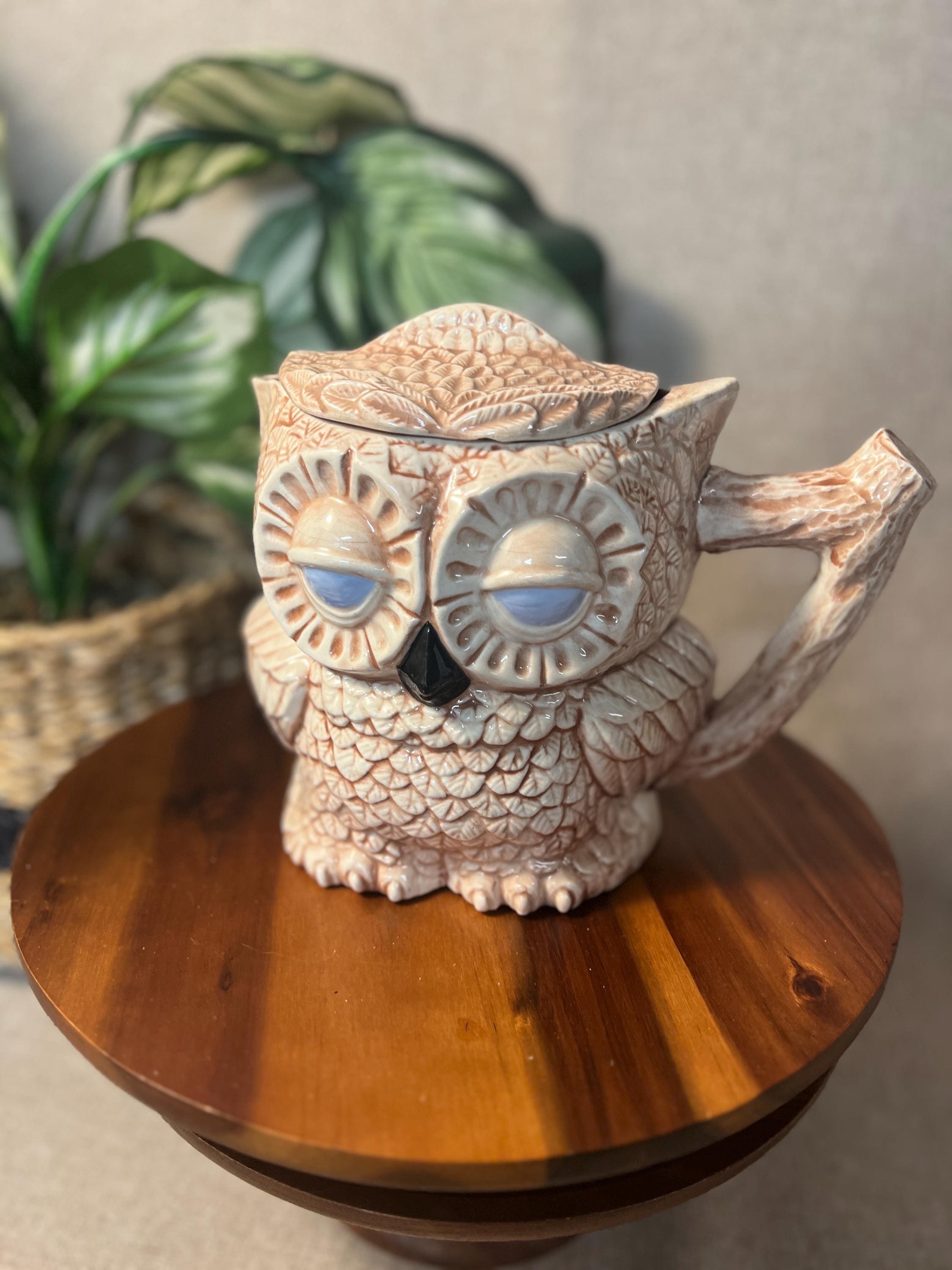 Vintage Sleepy Owl Ceramic Coffee Tea Two Sided Pitcher Retro 70s Wood Woodland