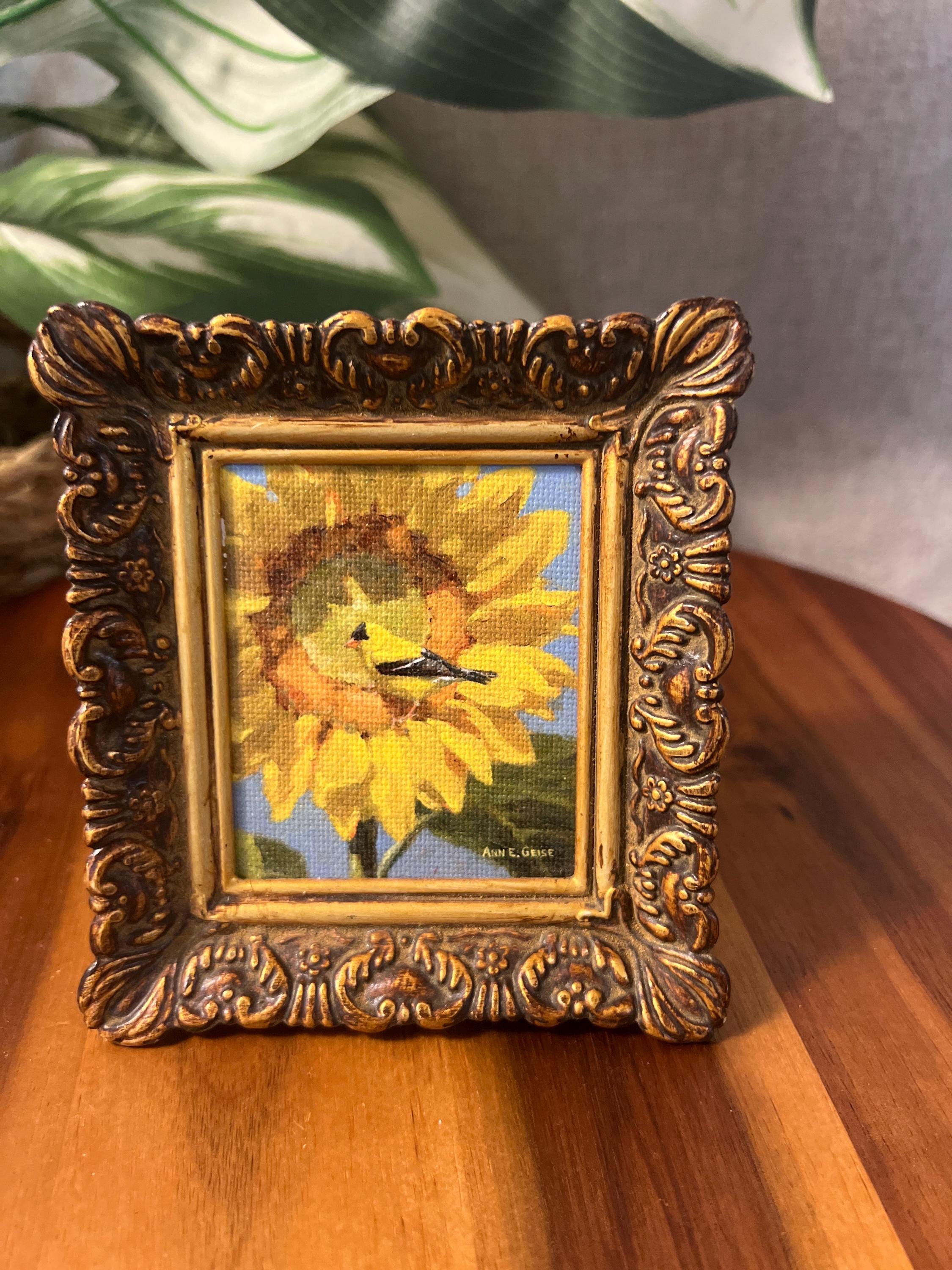 Sunflower with yellow finch flowers, original signed by artist Painting,small,mini, Framed