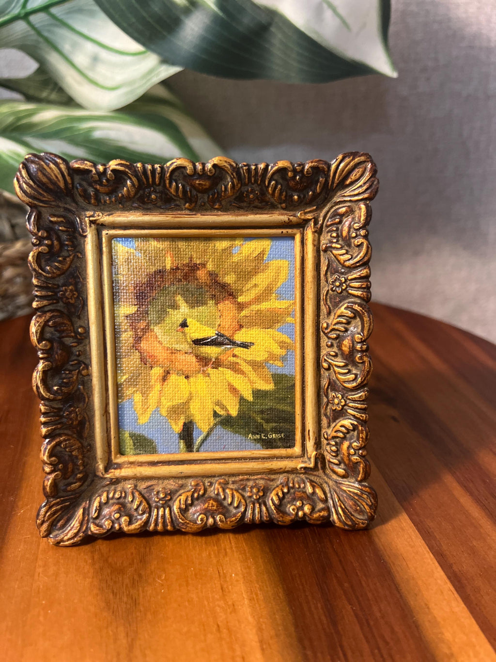 Sunflower with yellow finch flowers, original signed by artist Painting,small,mini, Framed