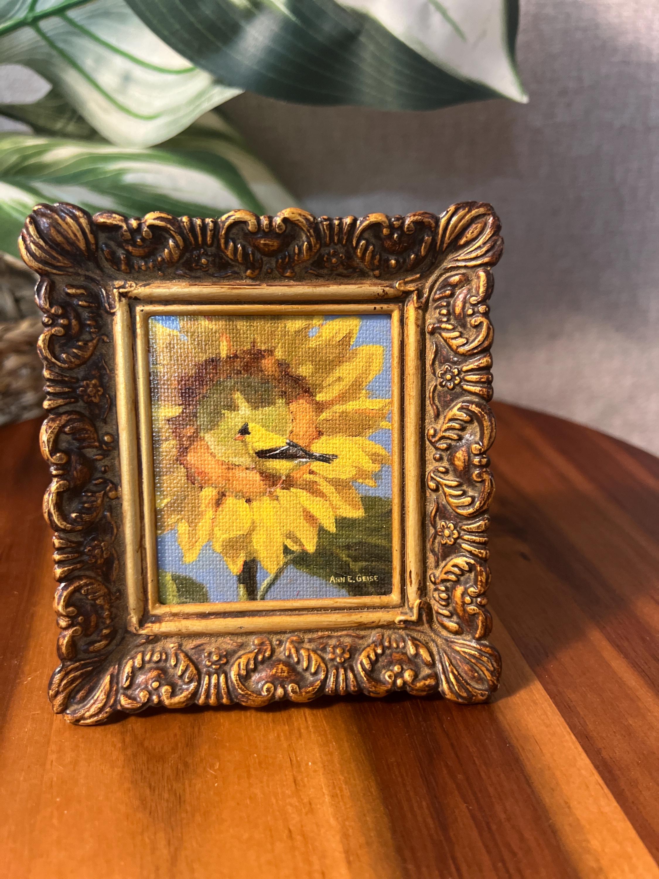 Sunflower with yellow finch flowers, original signed by artist Painting,small,mini, Framed