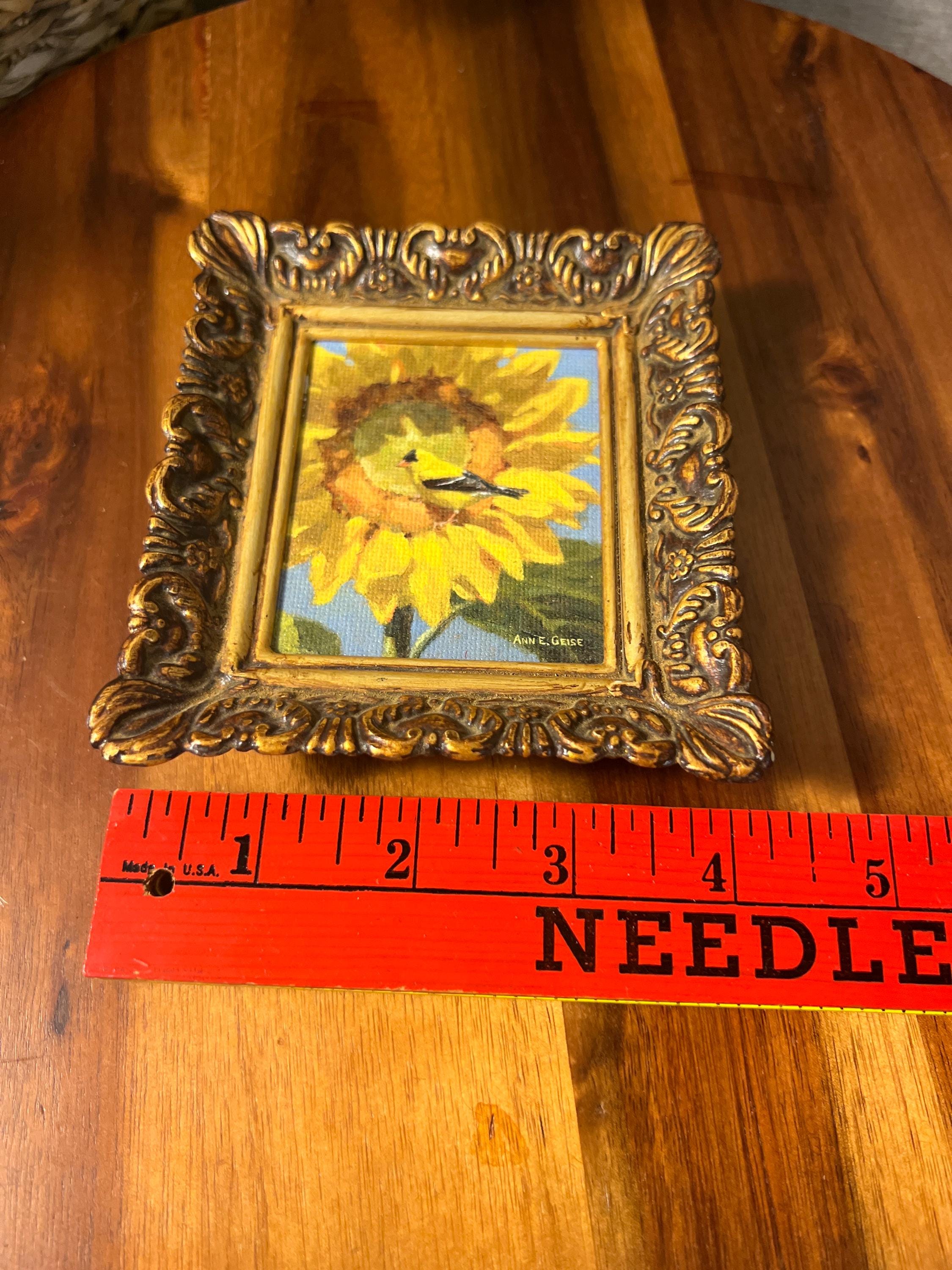 Sunflower with yellow finch flowers, original signed by artist Painting,small,mini, Framed