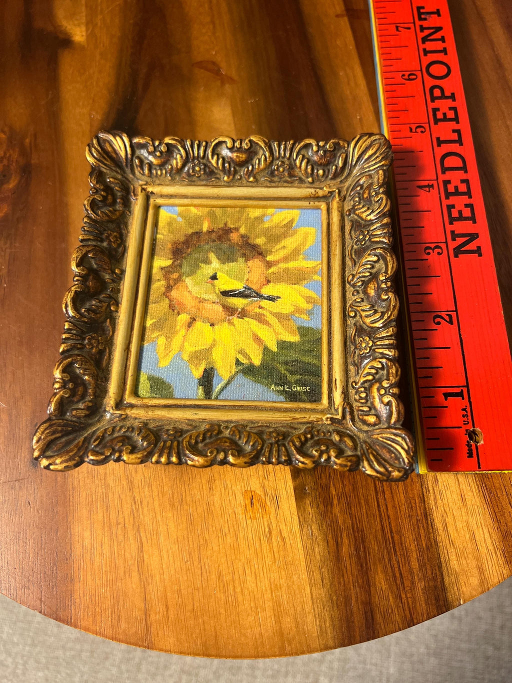 Sunflower with yellow finch flowers, original signed by artist Painting,small,mini, Framed