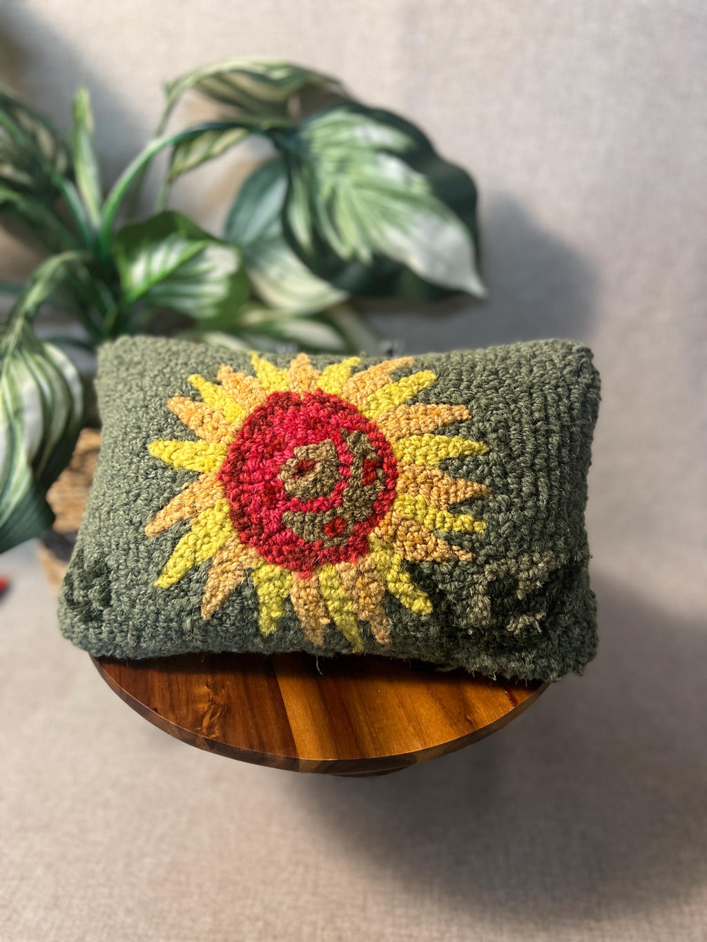 Laura Megroz Chandler 4 Corners Wool Hand Hooked SUNFLOWER Pillow 12 X 8"