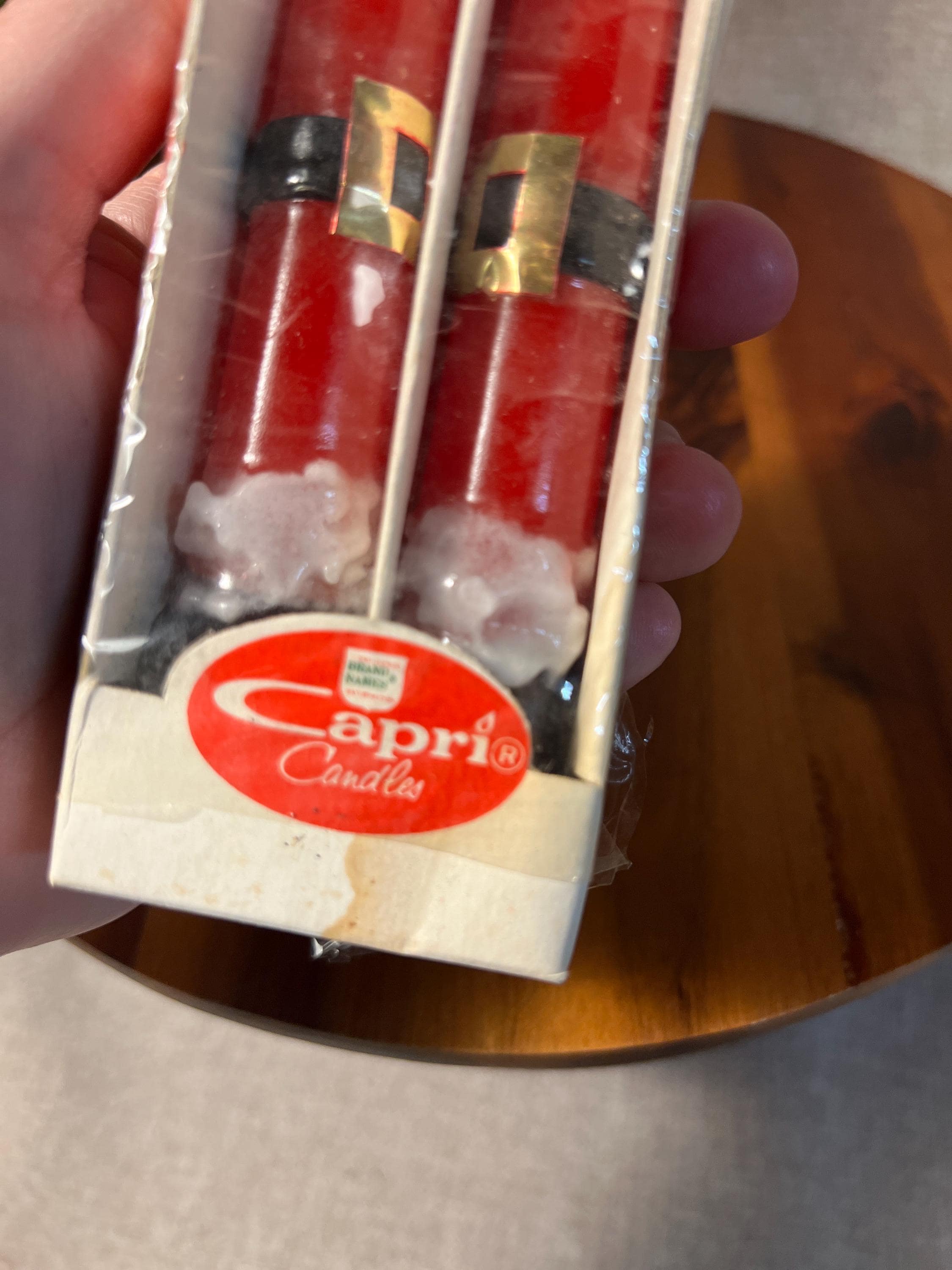 Vintage Capri Kitschy Red Santa Claus Christmas Xmas Tall Wax Taper Candles new old stock