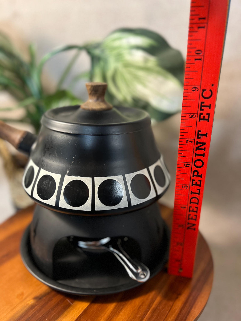 MCM VTG Fondue Pot Complete Set Retro Black/white Wood Handle & Knob Japan