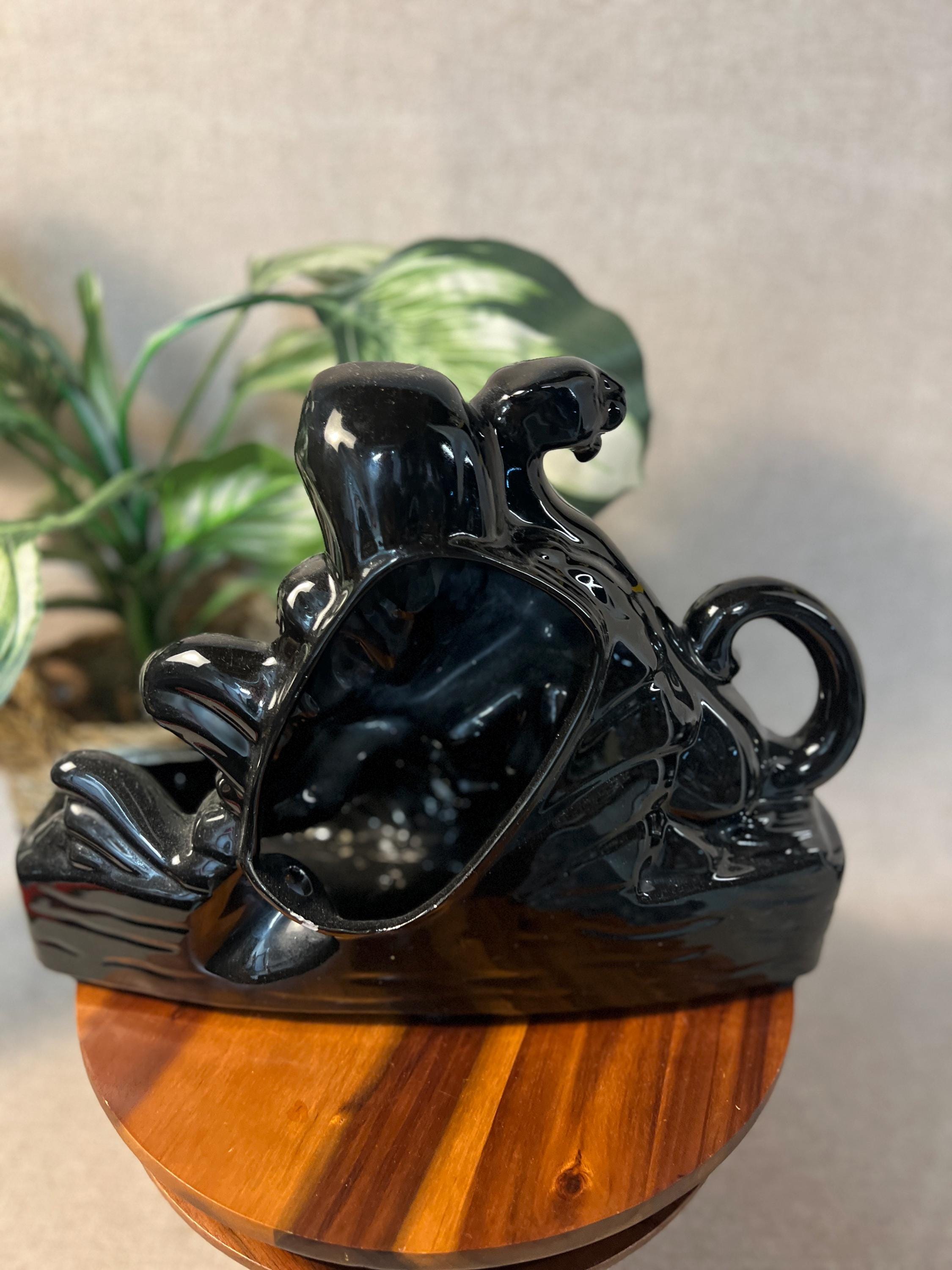 1950s Black Panther TV Lamp Planter — MCM Ceramic, Fitted & Ready to Light