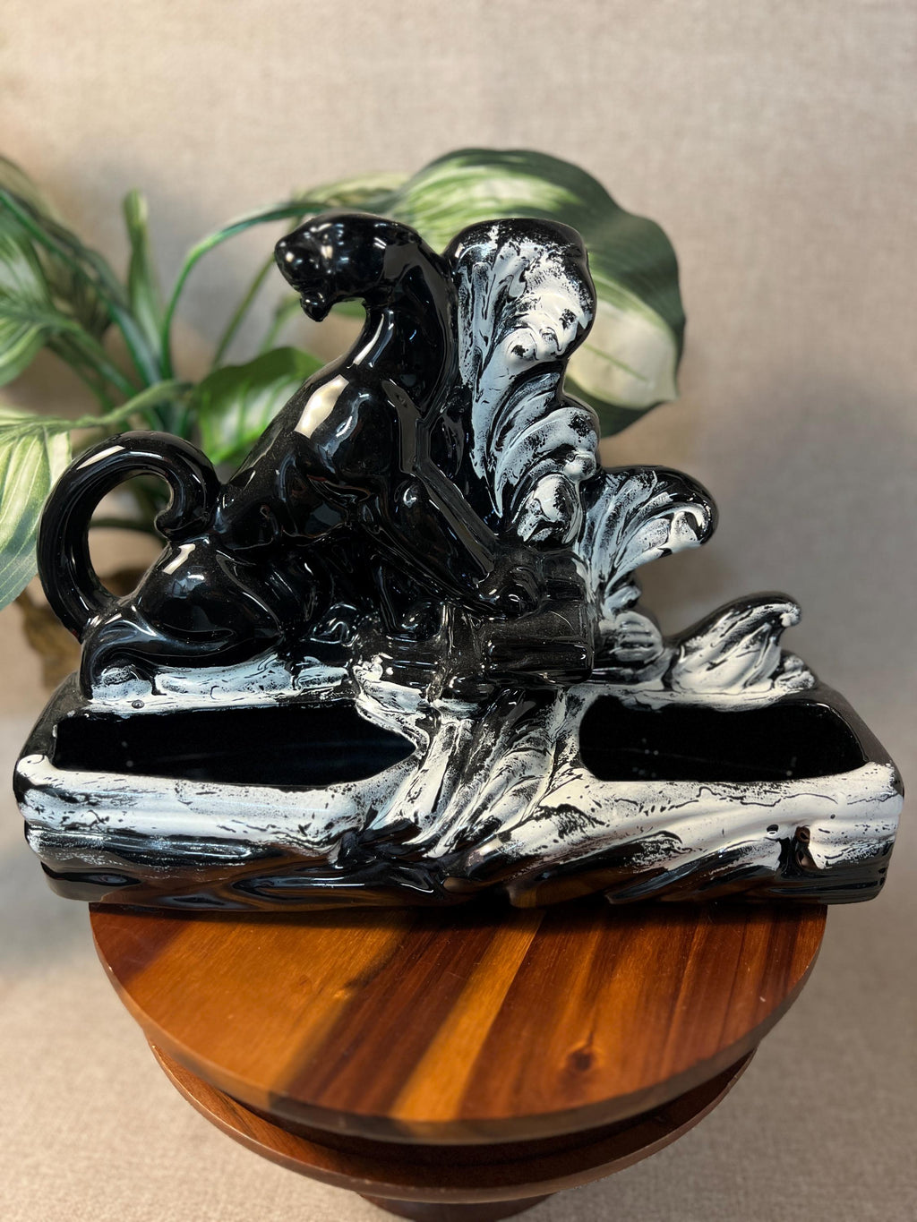 1950s Black Panther TV Lamp Planter — MCM Ceramic, Fitted & Ready to Light