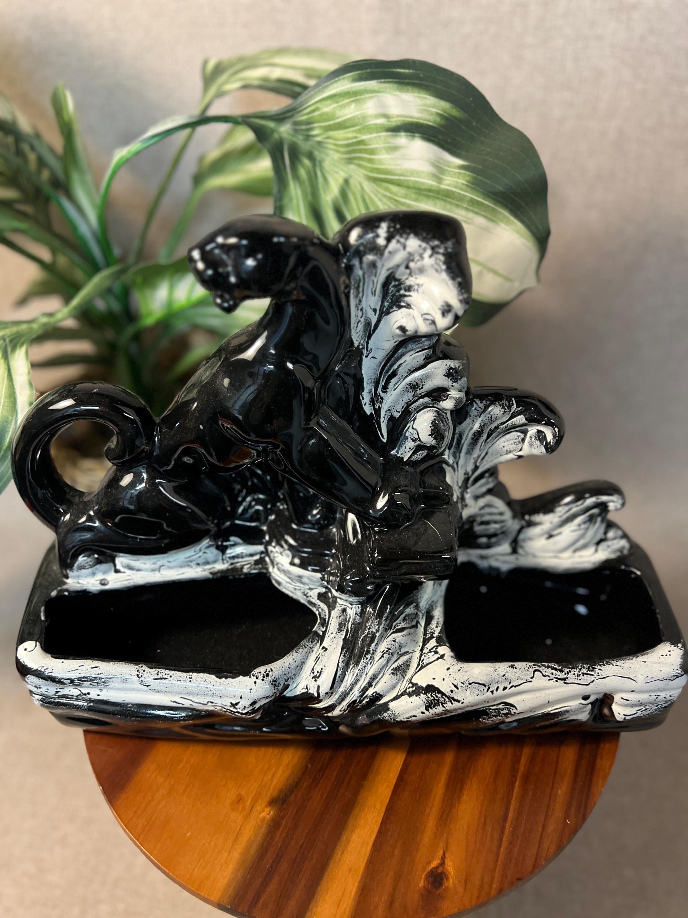 1950s Black Panther TV Lamp Planter — MCM Ceramic, Fitted & Ready to Light