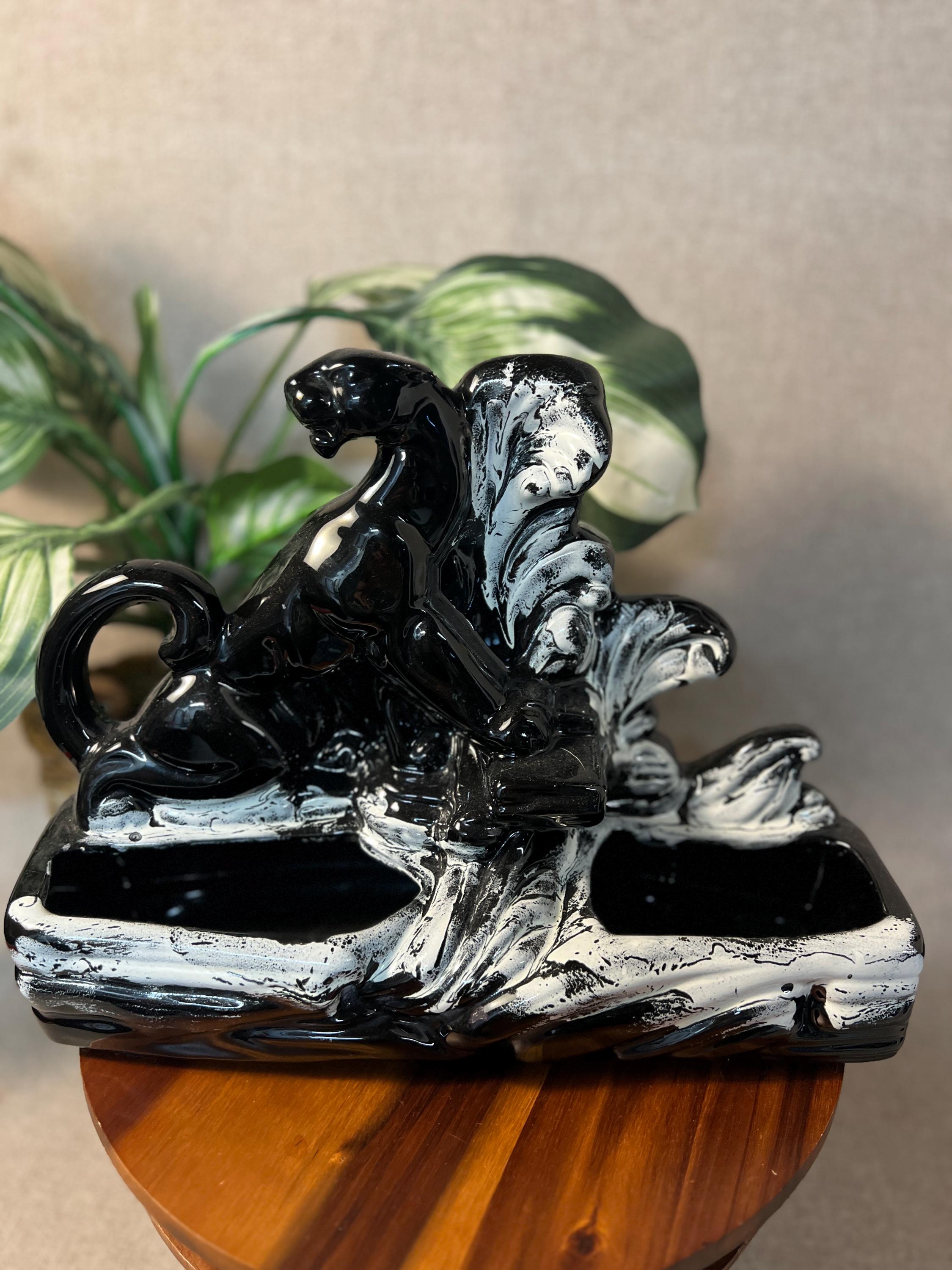 1950s Black Panther TV Lamp Planter — MCM Ceramic, Fitted & Ready to Light