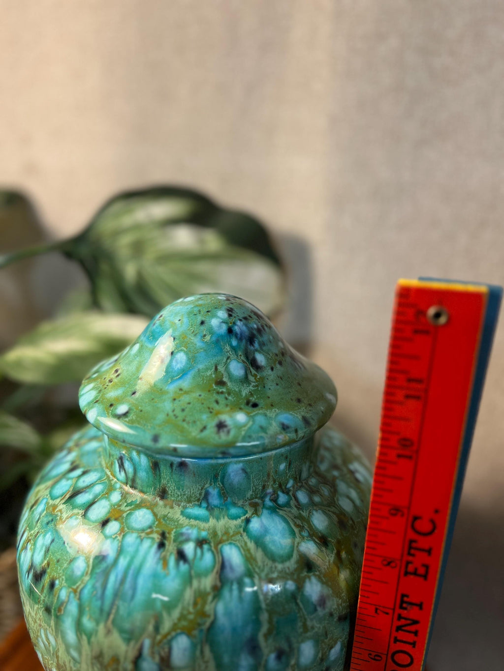 Hand painted by Virginia 1975 signed Green Aqua Vase Jar with Mushroom lid