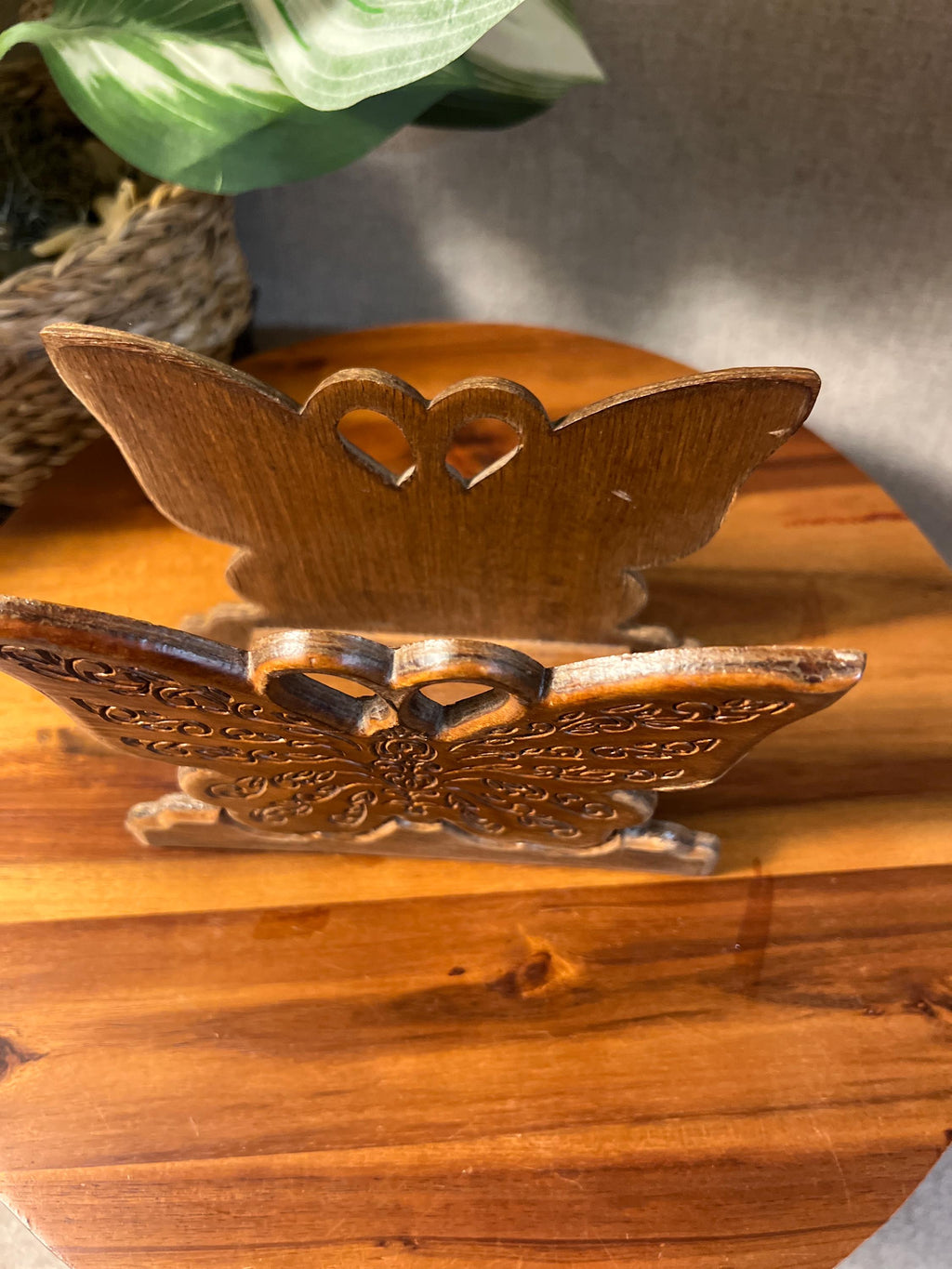 Vintage 1970s Hand Carved Wooden Butterfly Napkin Holder Tabletop