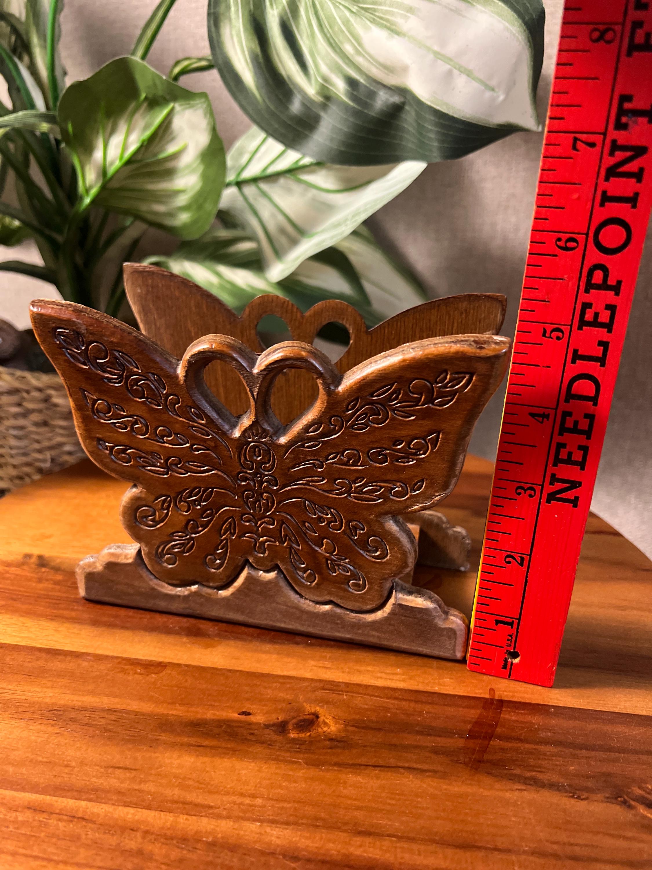 Vintage 1970s Hand Carved Wooden Butterfly Napkin Holder Tabletop