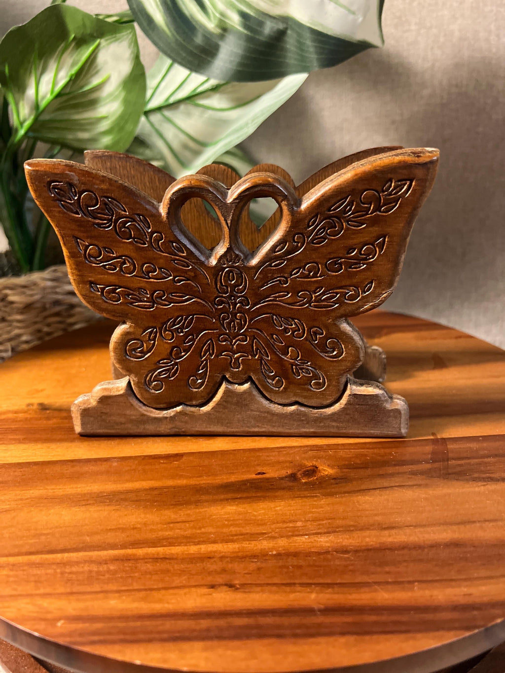 Vintage 1970s Hand Carved Wooden Butterfly Napkin Holder Tabletop