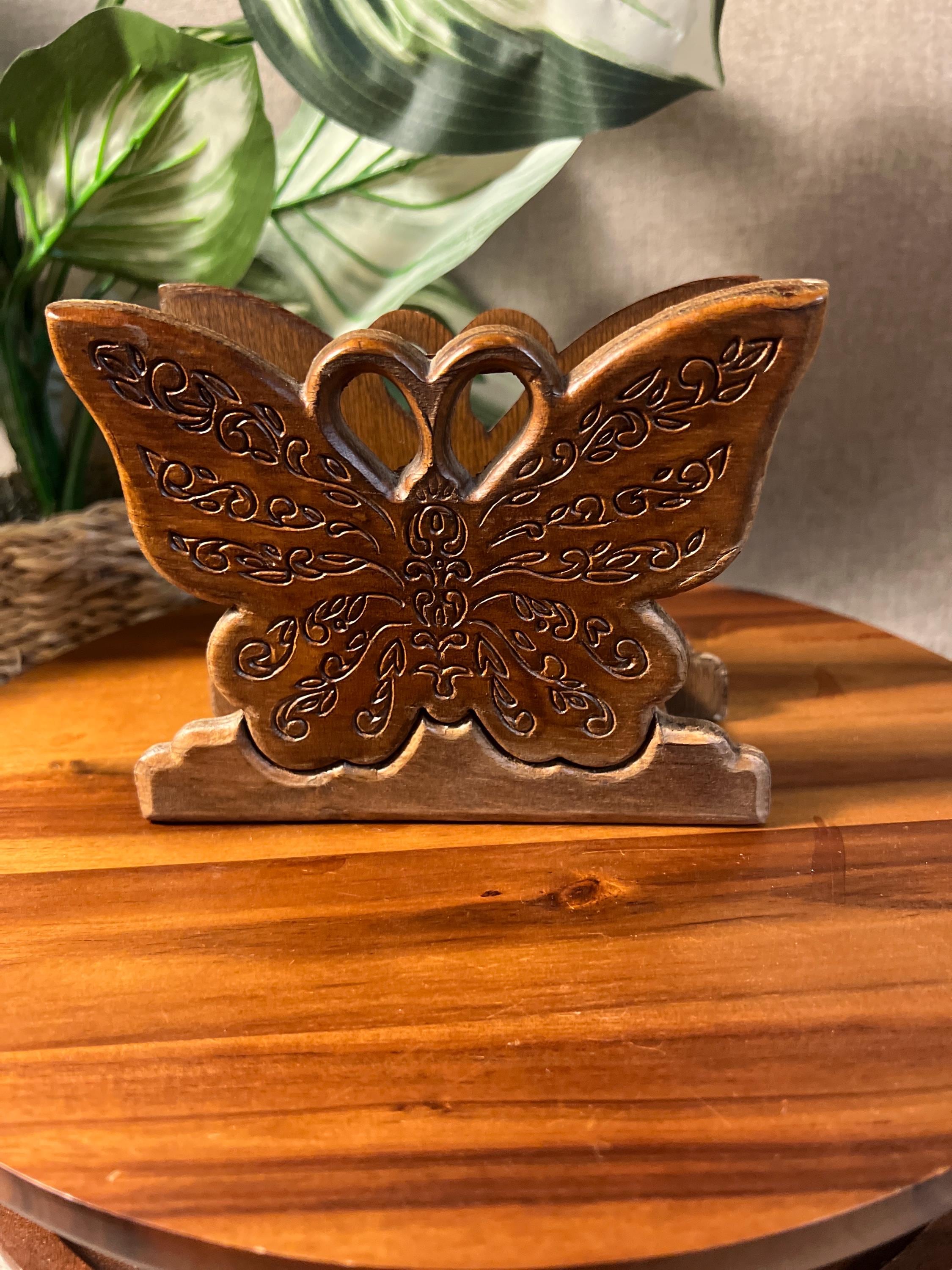 Vintage 1970s Hand Carved Wooden Butterfly Napkin Holder Tabletop