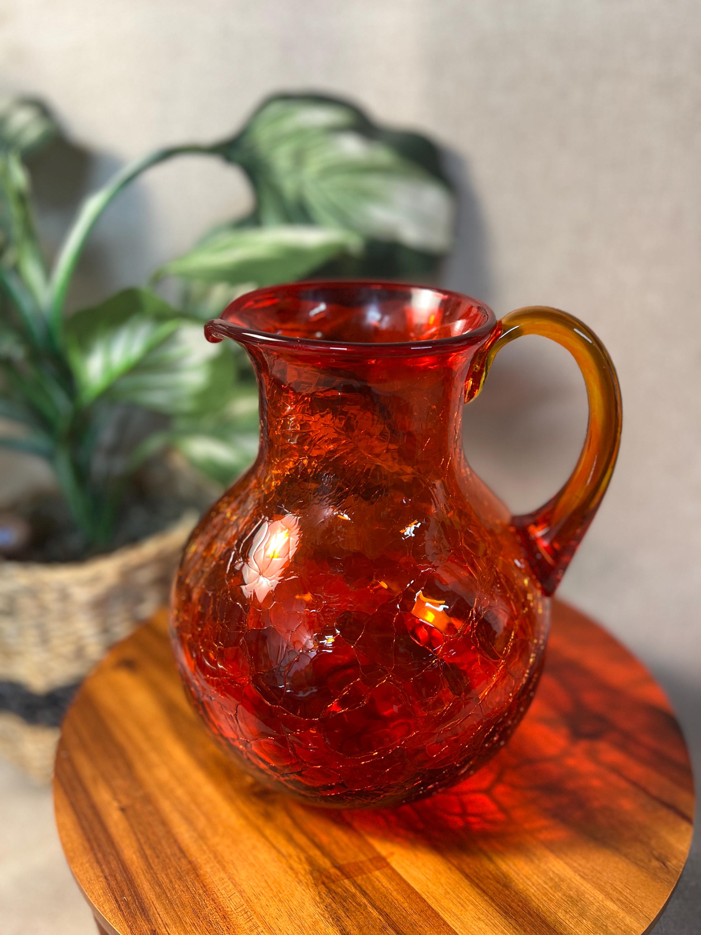 Vintage MCM Blenko Glass 637L Pitcher In Turquoise Crackle 8.5 Stunning