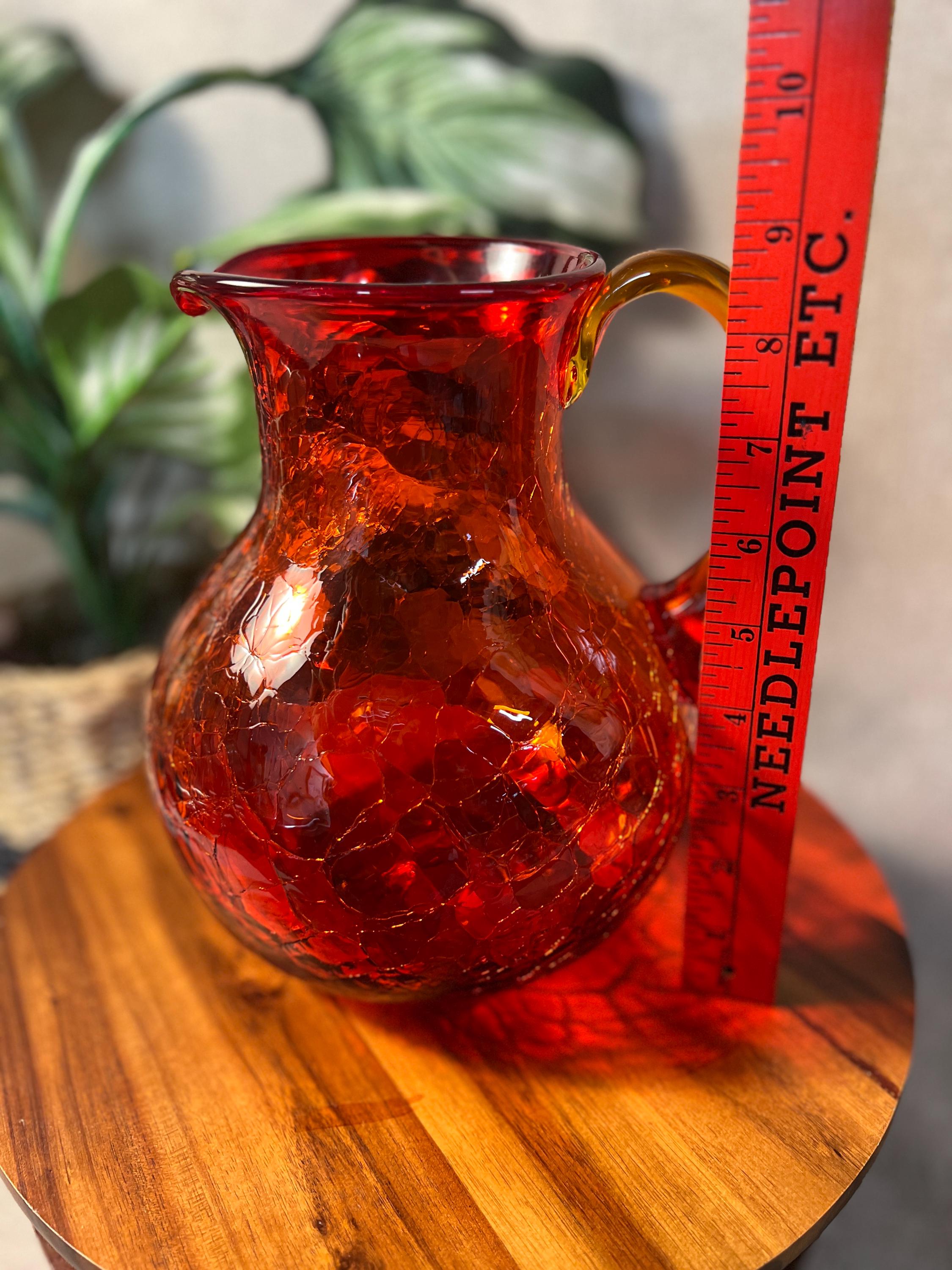 Vintage MCM Blenko Glass 637L Pitcher In Turquoise Crackle 8.5 Stunning