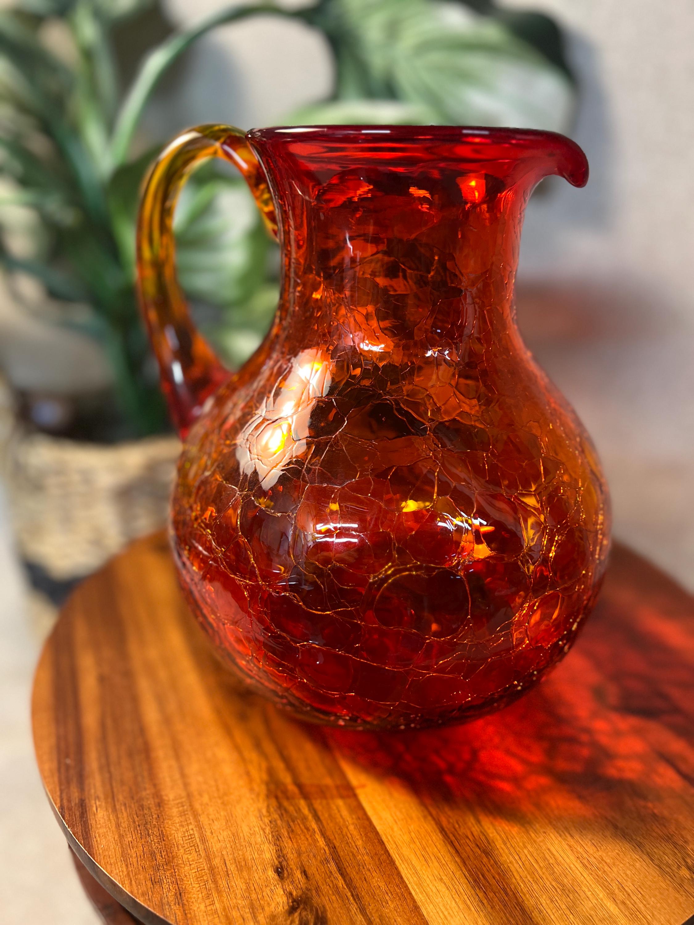 Vintage MCM Blenko Glass 637L Pitcher In Turquoise Crackle 8.5 Stunning