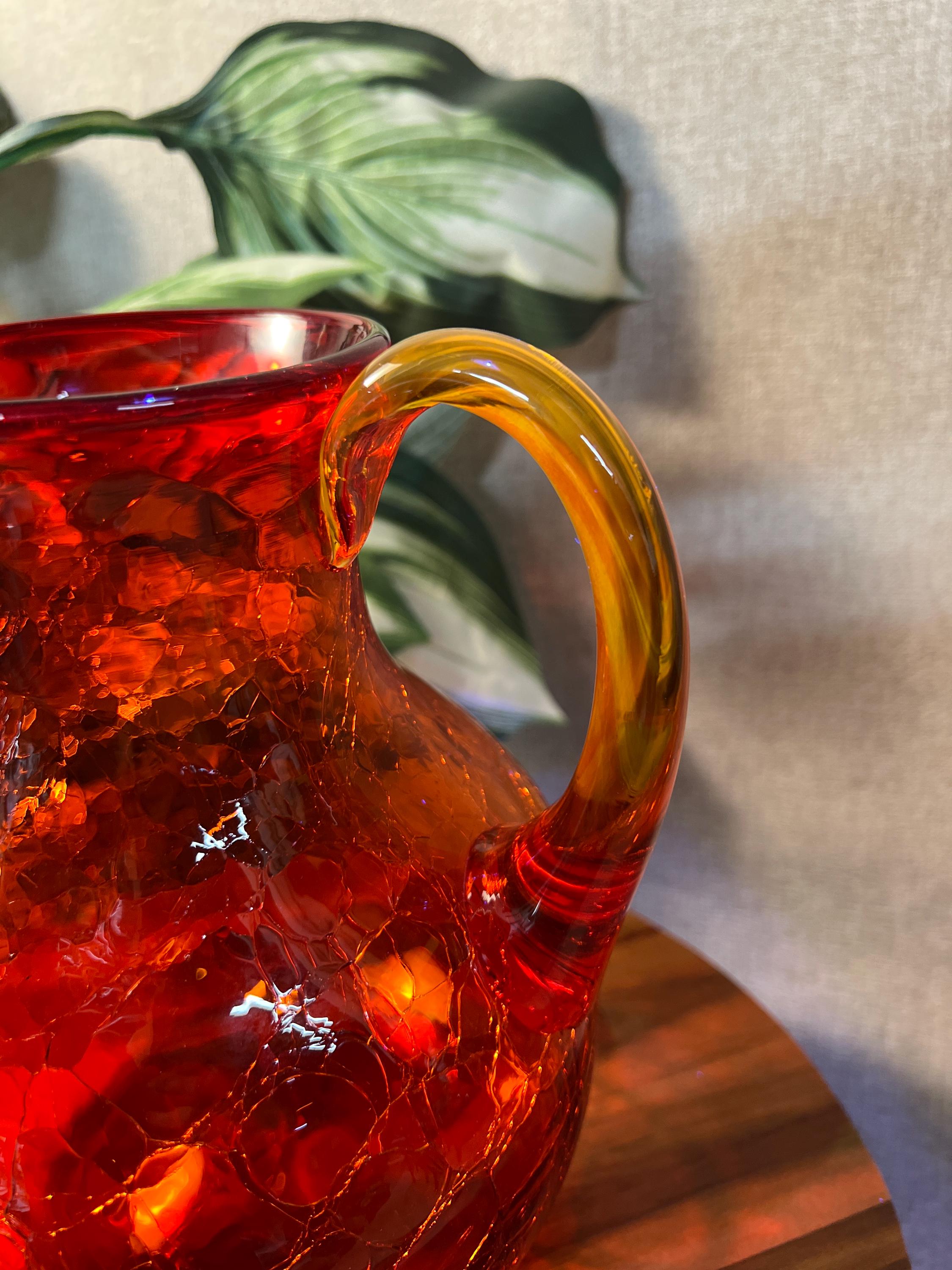 Vintage MCM Blenko Glass 637L Pitcher In Turquoise Crackle 8.5 Stunning