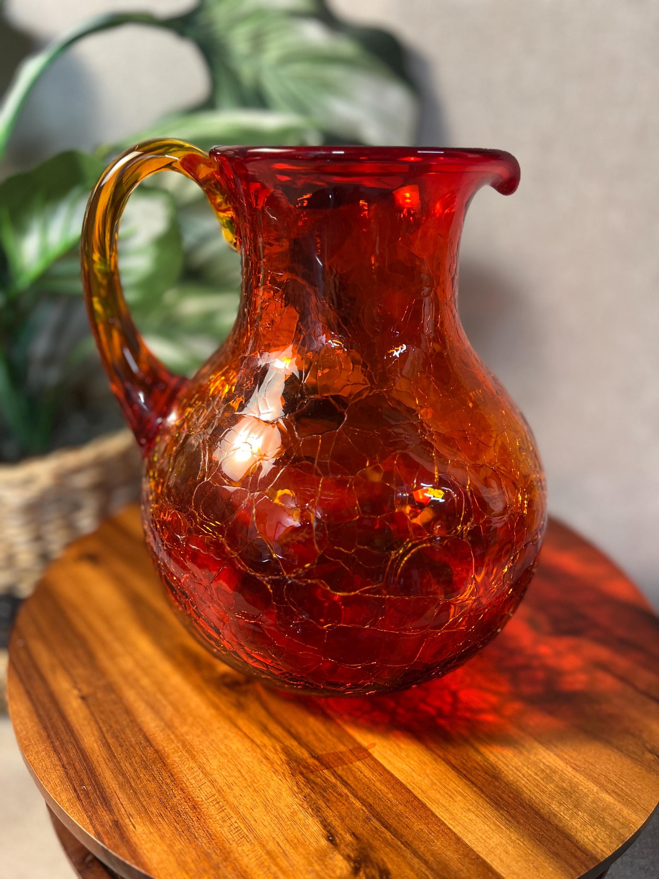 Vintage MCM Blenko Glass 637L Pitcher In Turquoise Crackle 8.5 Stunning