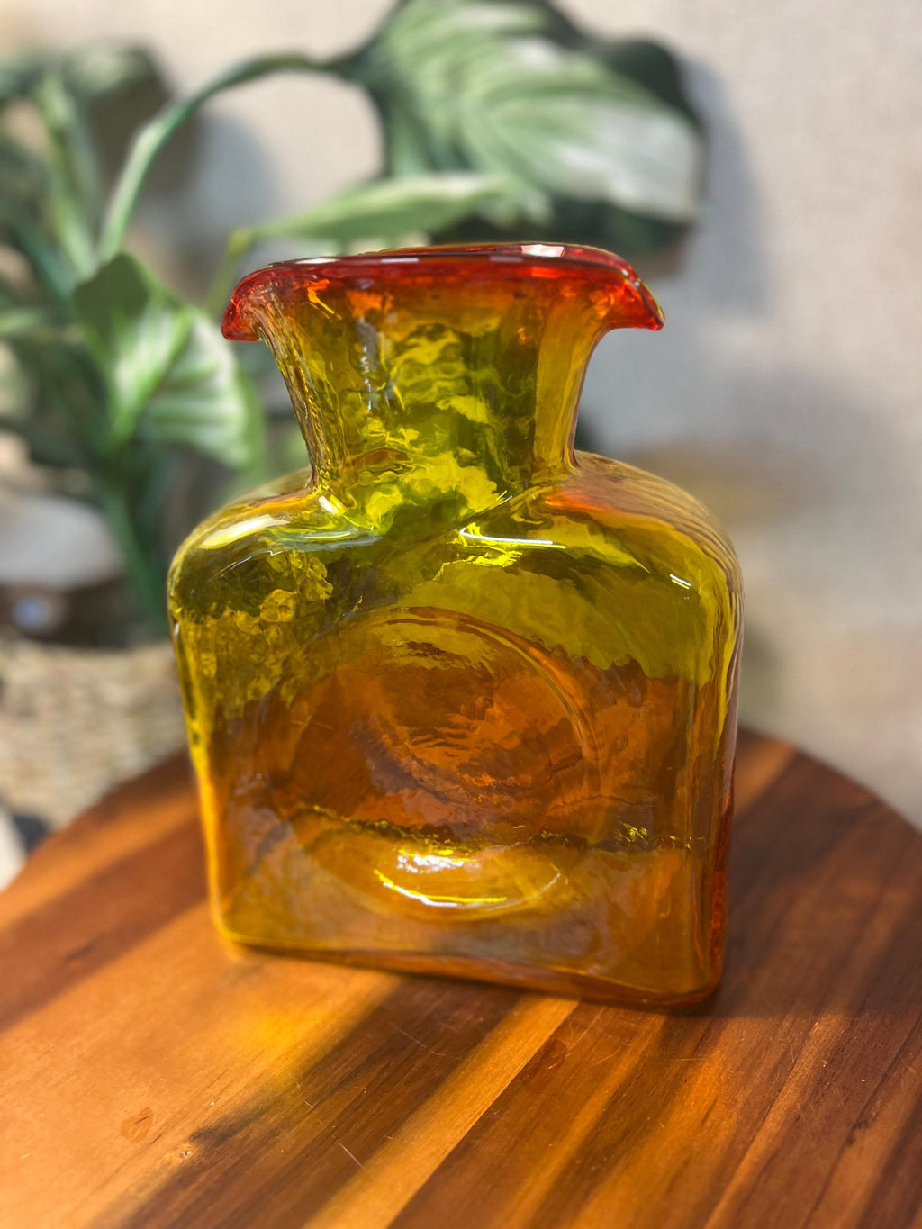 VTG Blenko Art Glass 384 Double Spouted Water Bottle Pitcher Amberina Tangerine