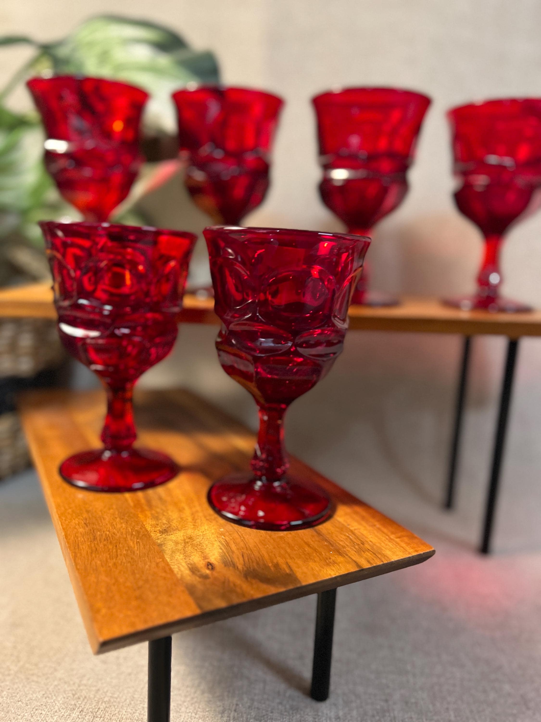 6 Fostoria Argus Ruby Red Goblets — Heavy Pressed Glass Water Stems