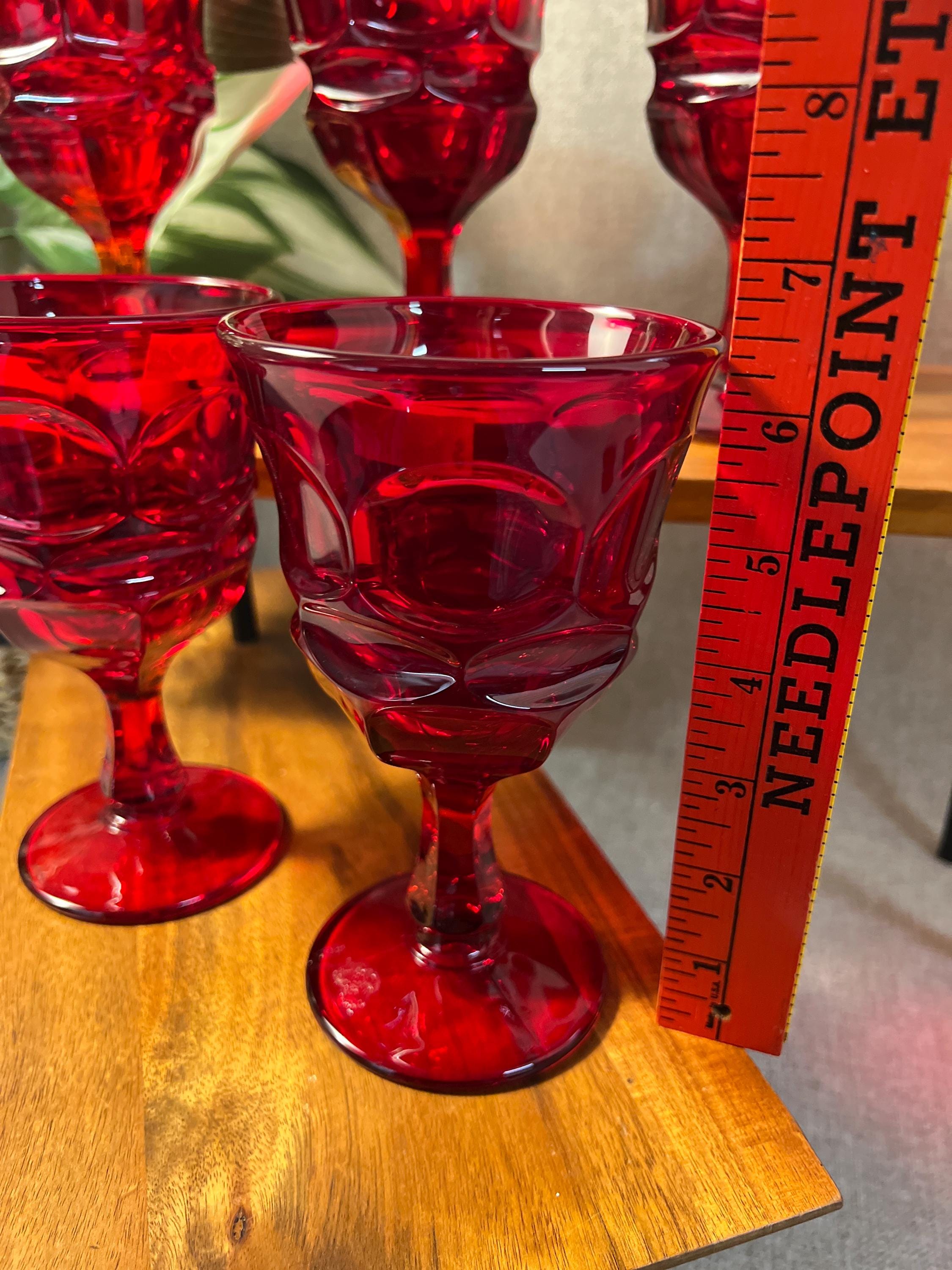6 Fostoria Argus Ruby Red Goblets — Heavy Pressed Glass Water Stems