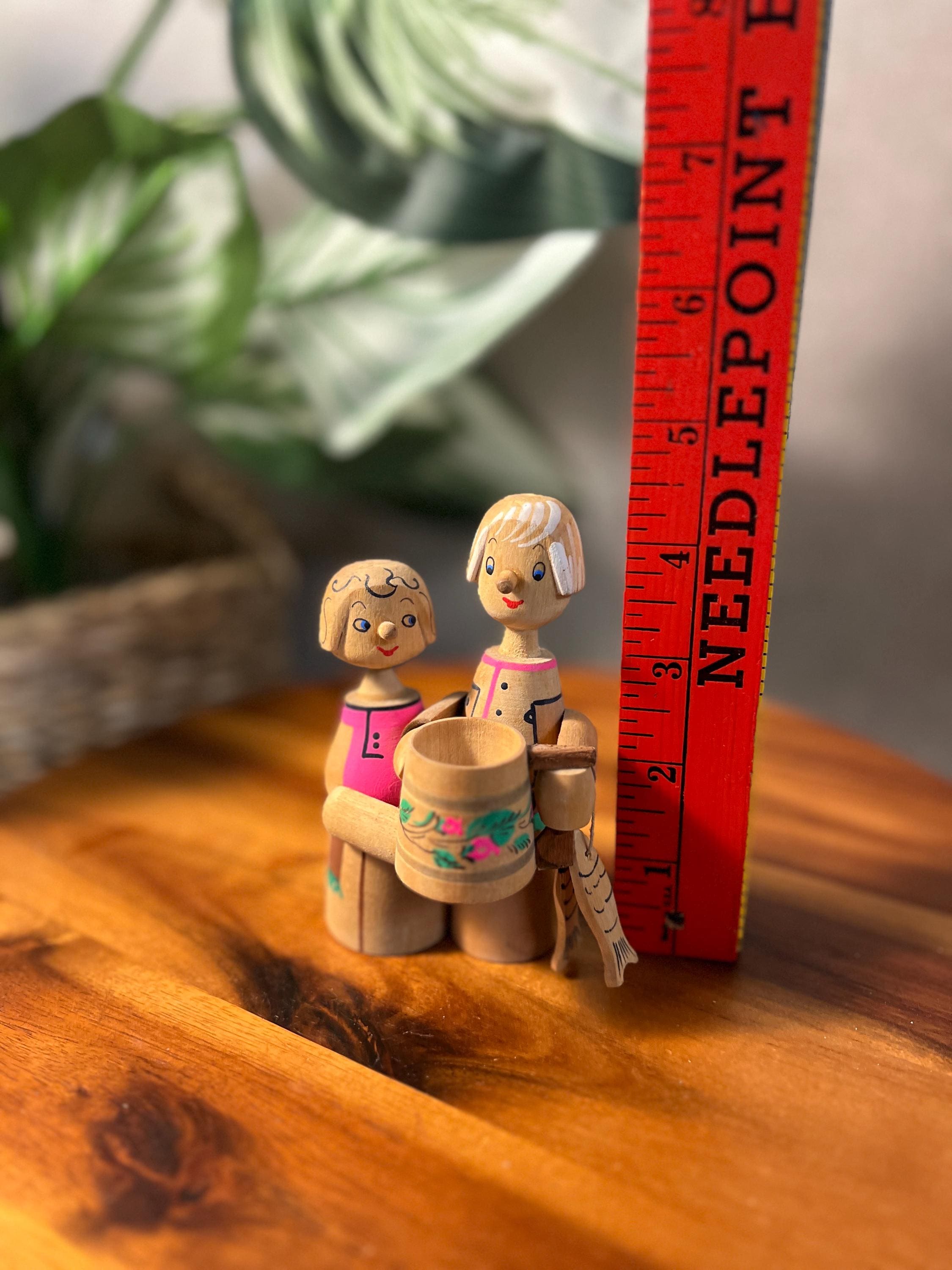 Vintage Russian Wooden Folk Art Figurines with Beer Mug  Moscow 1982 Stay glo paint