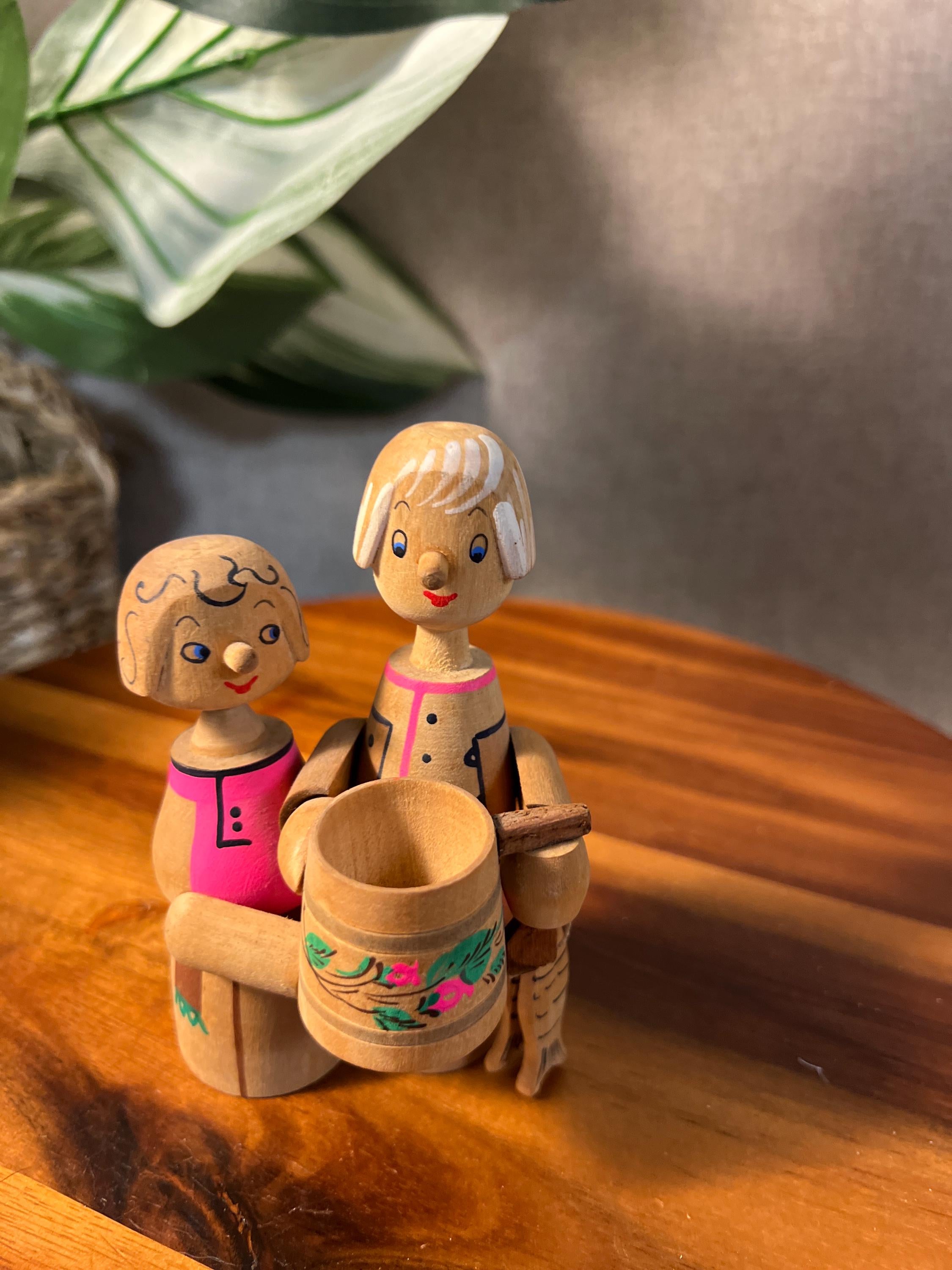 Vintage Russian Wooden Folk Art Figurines with Beer Mug  Moscow 1982 Stay glo paint
