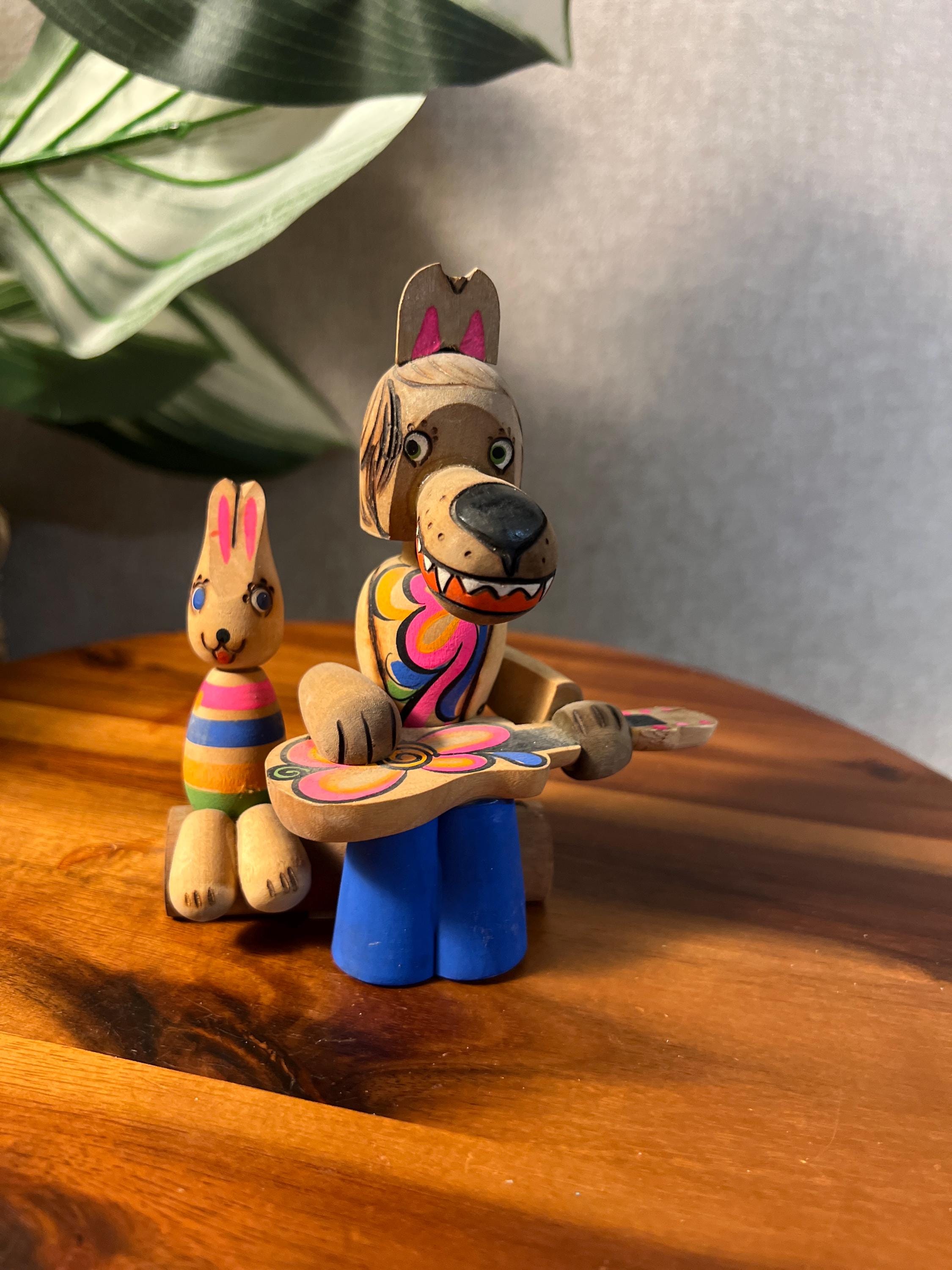 Vintage Russian Beriozka Folk Art Wooden Doll Toy, Wolf playing Guitar with Bunny