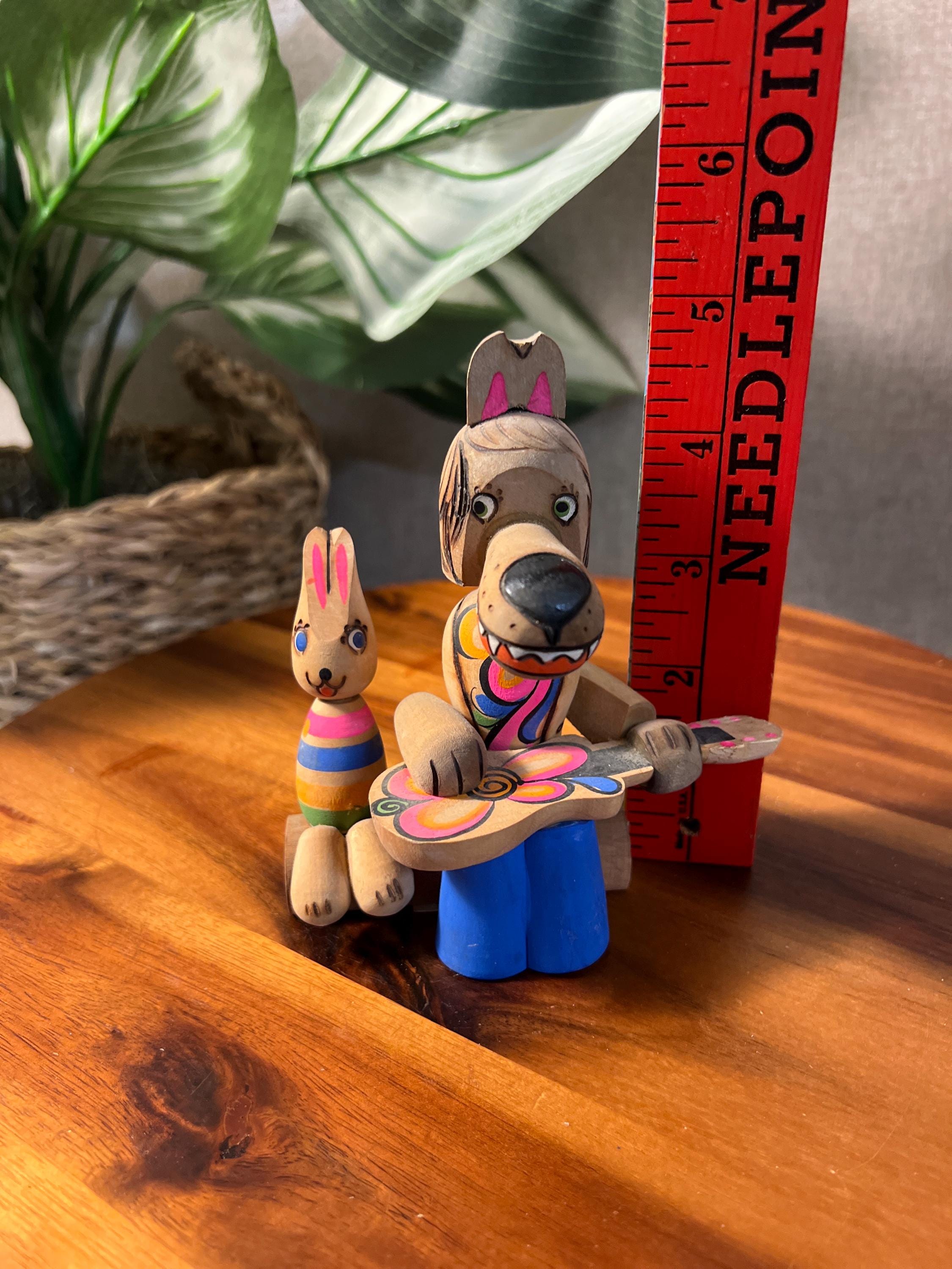 Vintage Russian Beriozka Folk Art Wooden Doll Toy, Wolf playing Guitar with Bunny