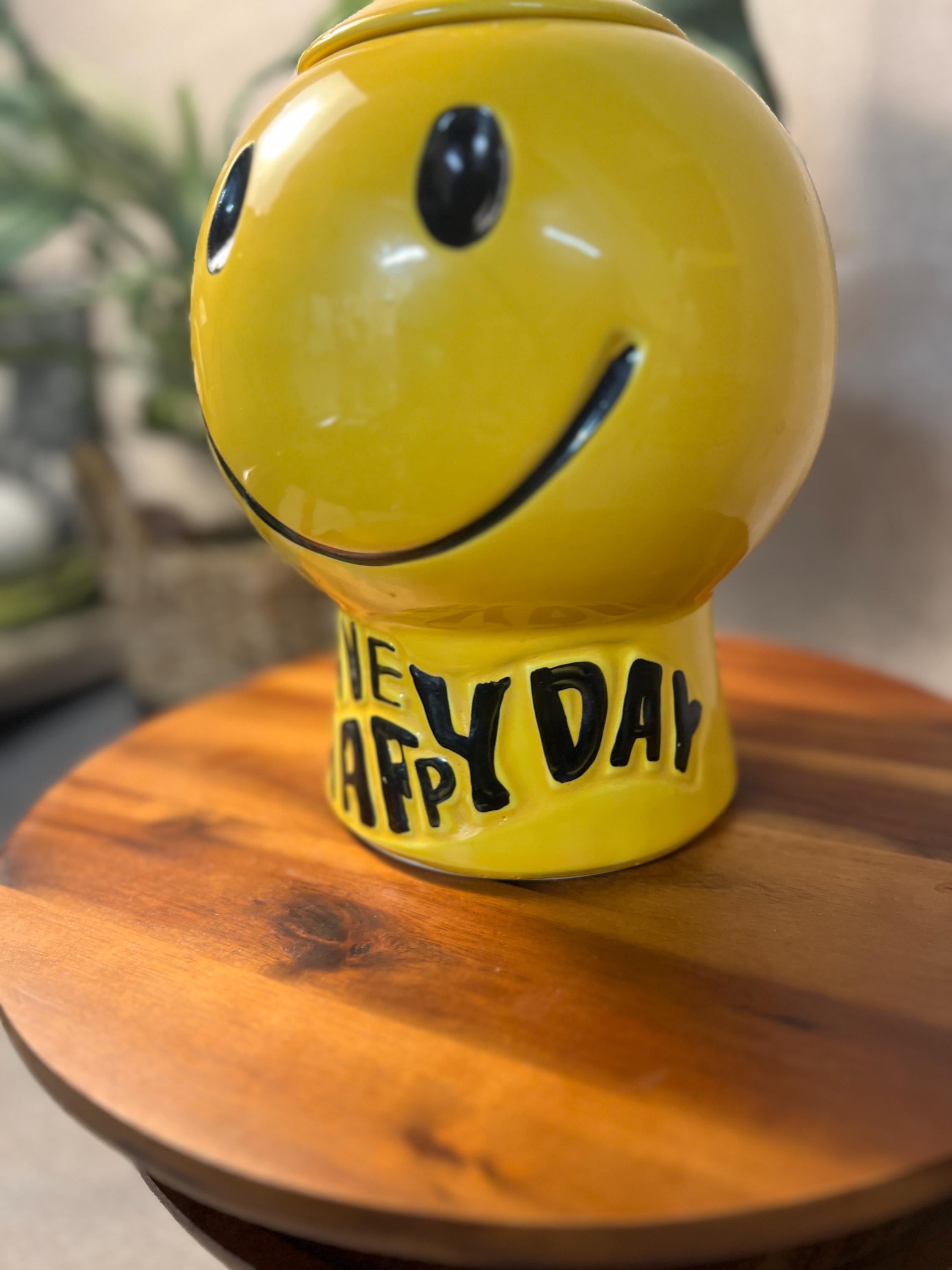 Vintage McCoy Yellow Smiley Face cookie jar W/ Lid" Have A Happy Day" 1970s