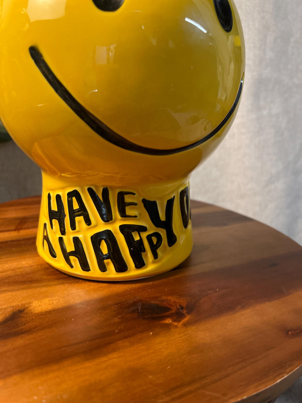 Vintage McCoy Yellow Smiley Face cookie jar W/ Lid" Have A Happy Day" 1970s