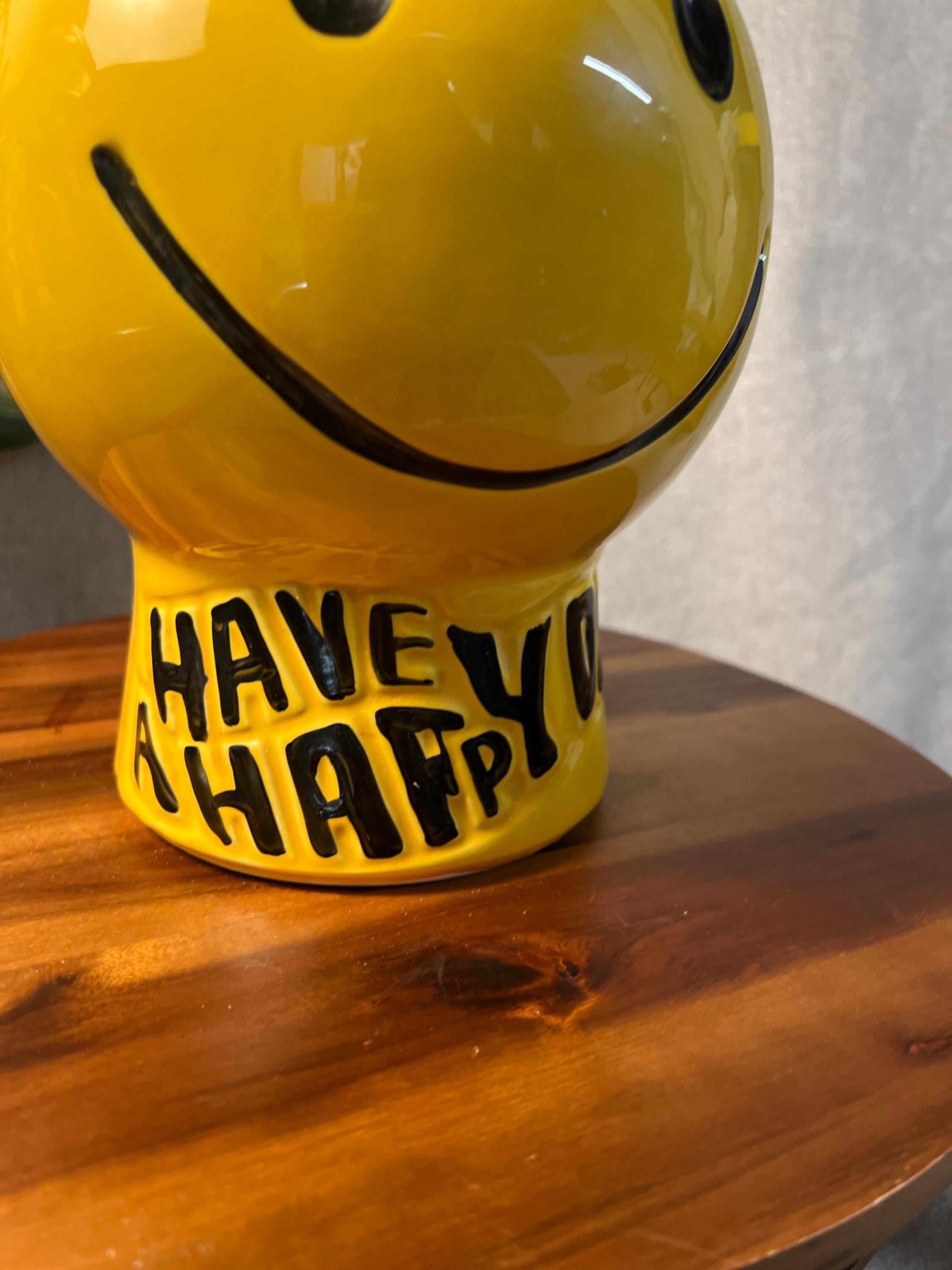Vintage McCoy Yellow Smiley Face cookie jar W/ Lid" Have A Happy Day" 1970s