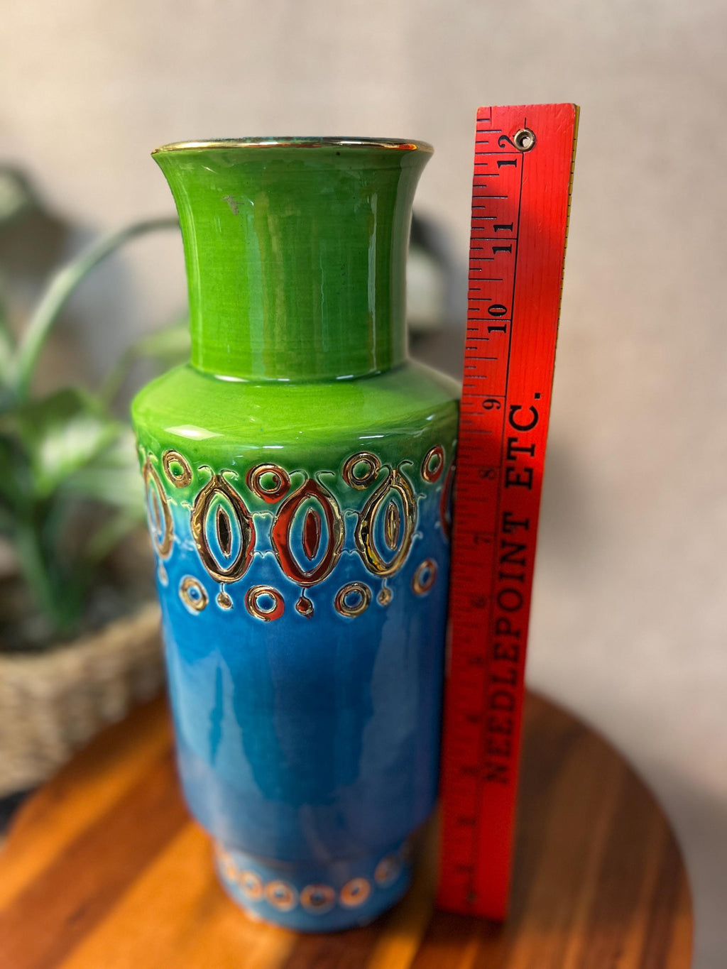 Vintage MCM Aldo Londi for Bitossi 990 Green Blue & Gold Vase Made In Italy 12