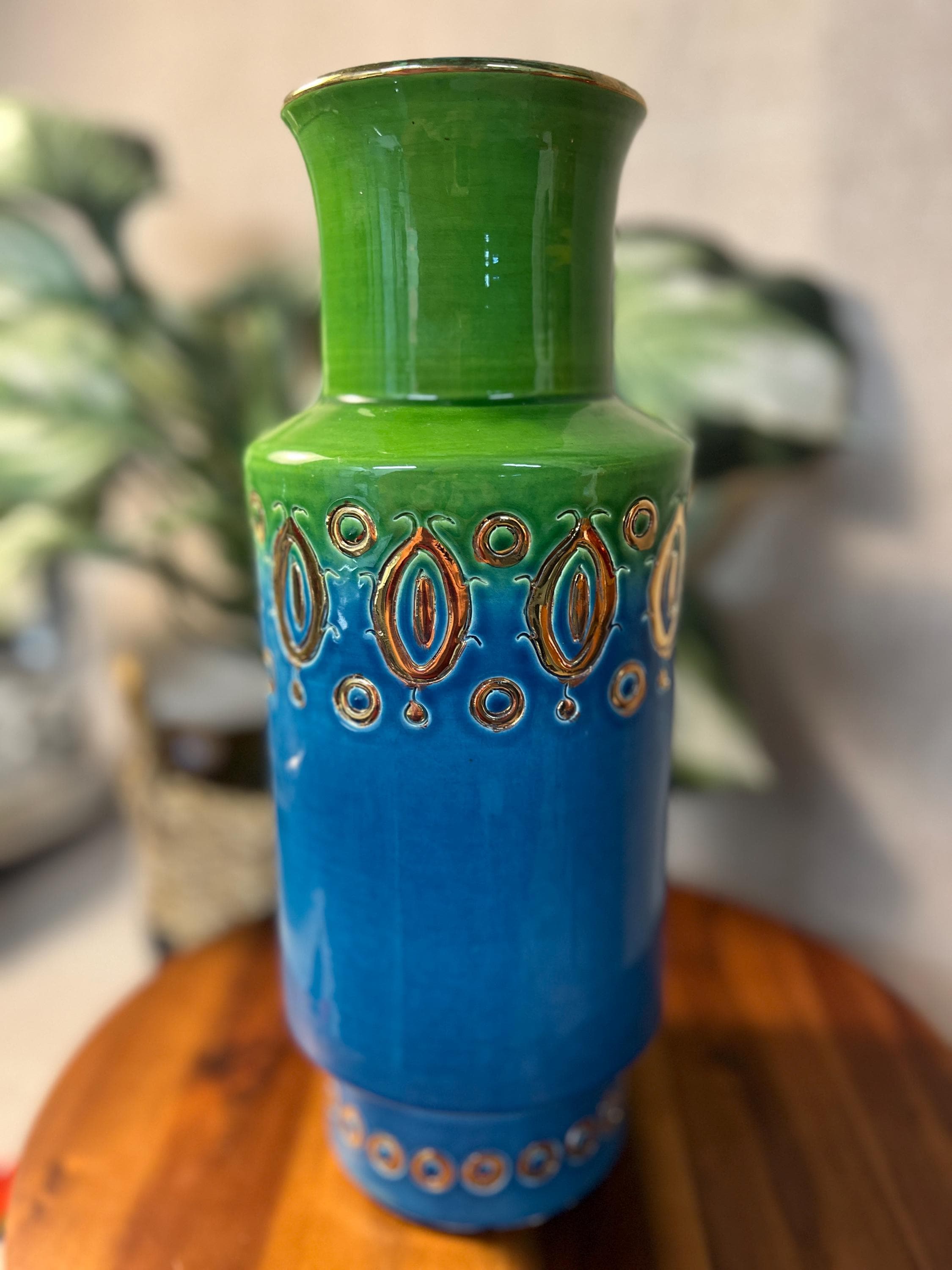 Vintage MCM Aldo Londi for Bitossi 990 Green Blue & Gold Vase Made In Italy 12