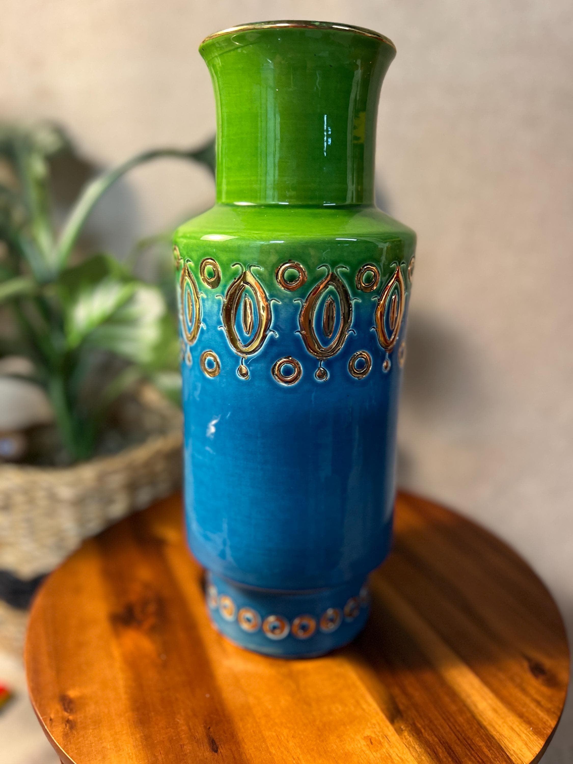 Vintage MCM Aldo Londi for Bitossi 990 Green Blue & Gold Vase Made In Italy 12