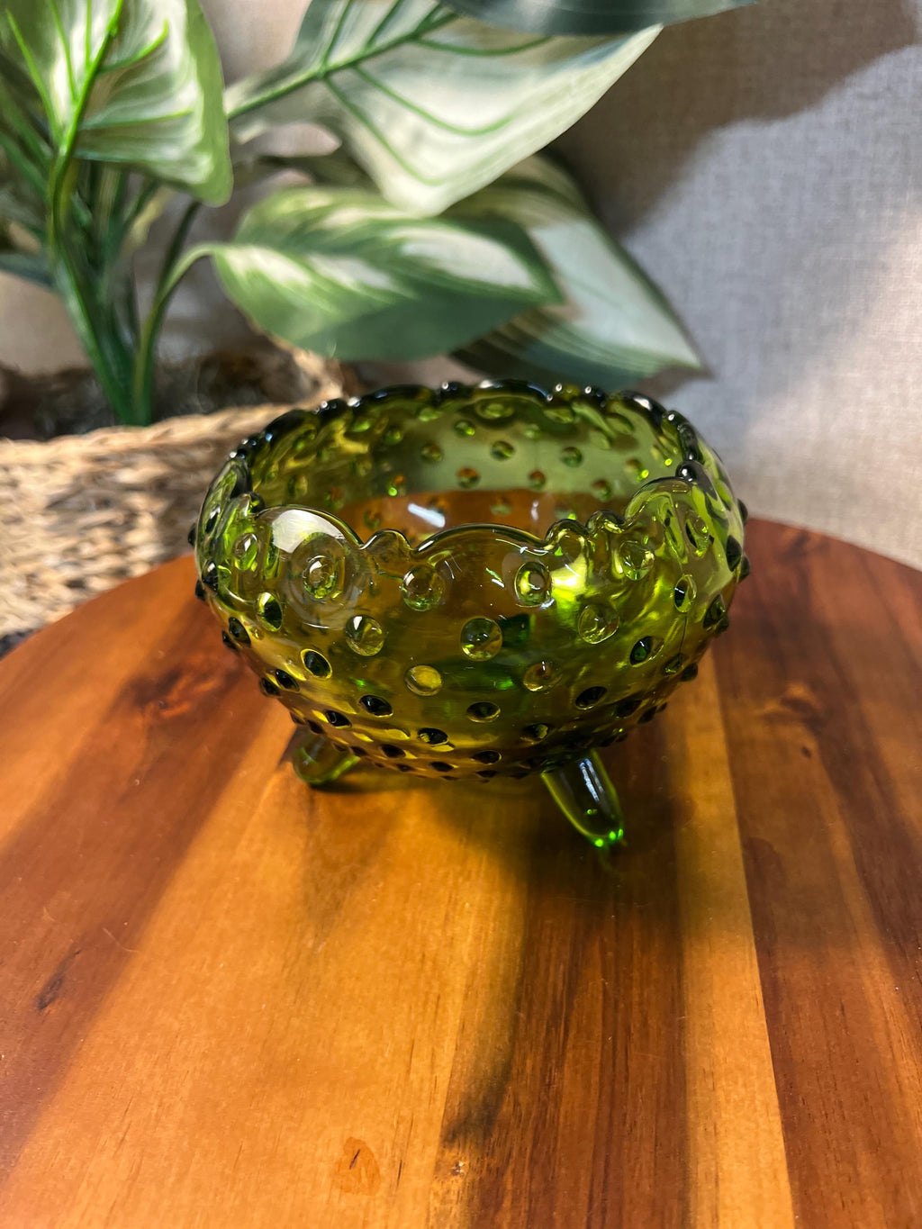 Vintage Mid Century LE Smith Glass Green Hobnail Rose Bowl Dish Vase 3 Footed