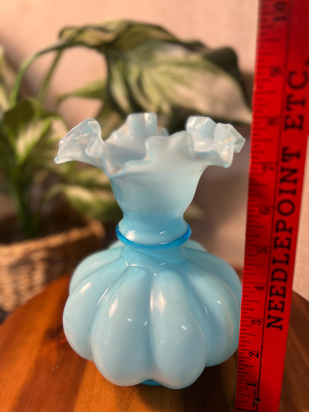 Vintage Fenton Light Blue Melon cased Glass Vase Ruffled Rim 8" Tall