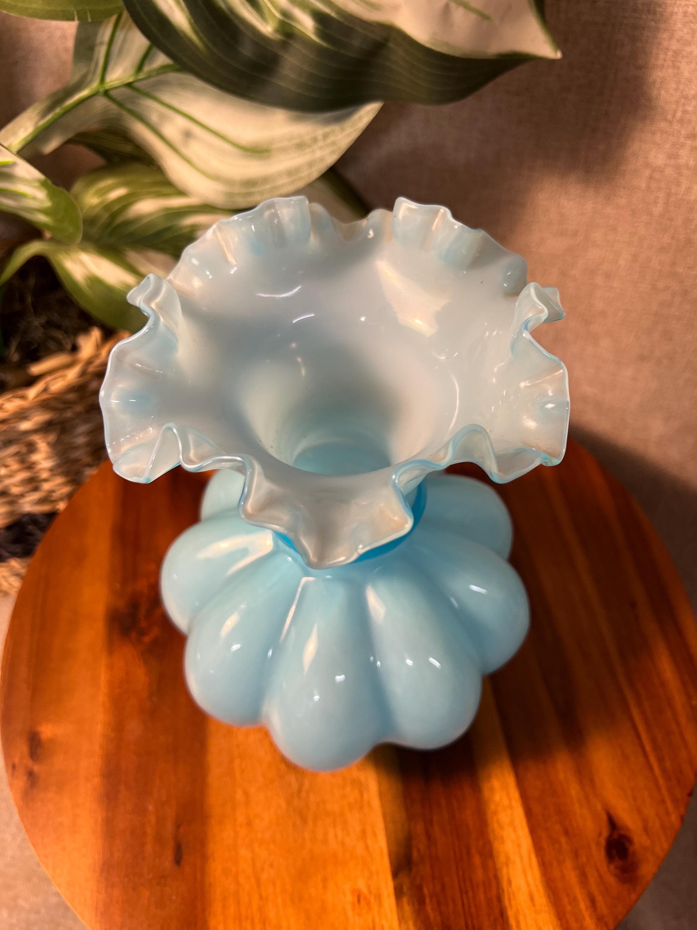 Vintage Fenton Light Blue Melon cased Glass Vase Ruffled Rim 8" Tall