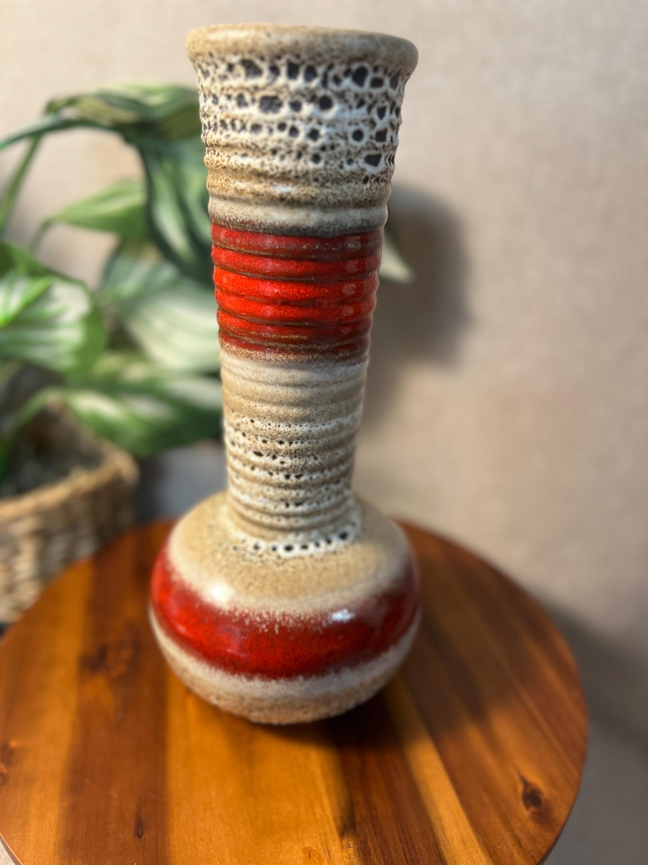 West German Fat Lava Vase Red Black Tan cream MCM Art Pottery