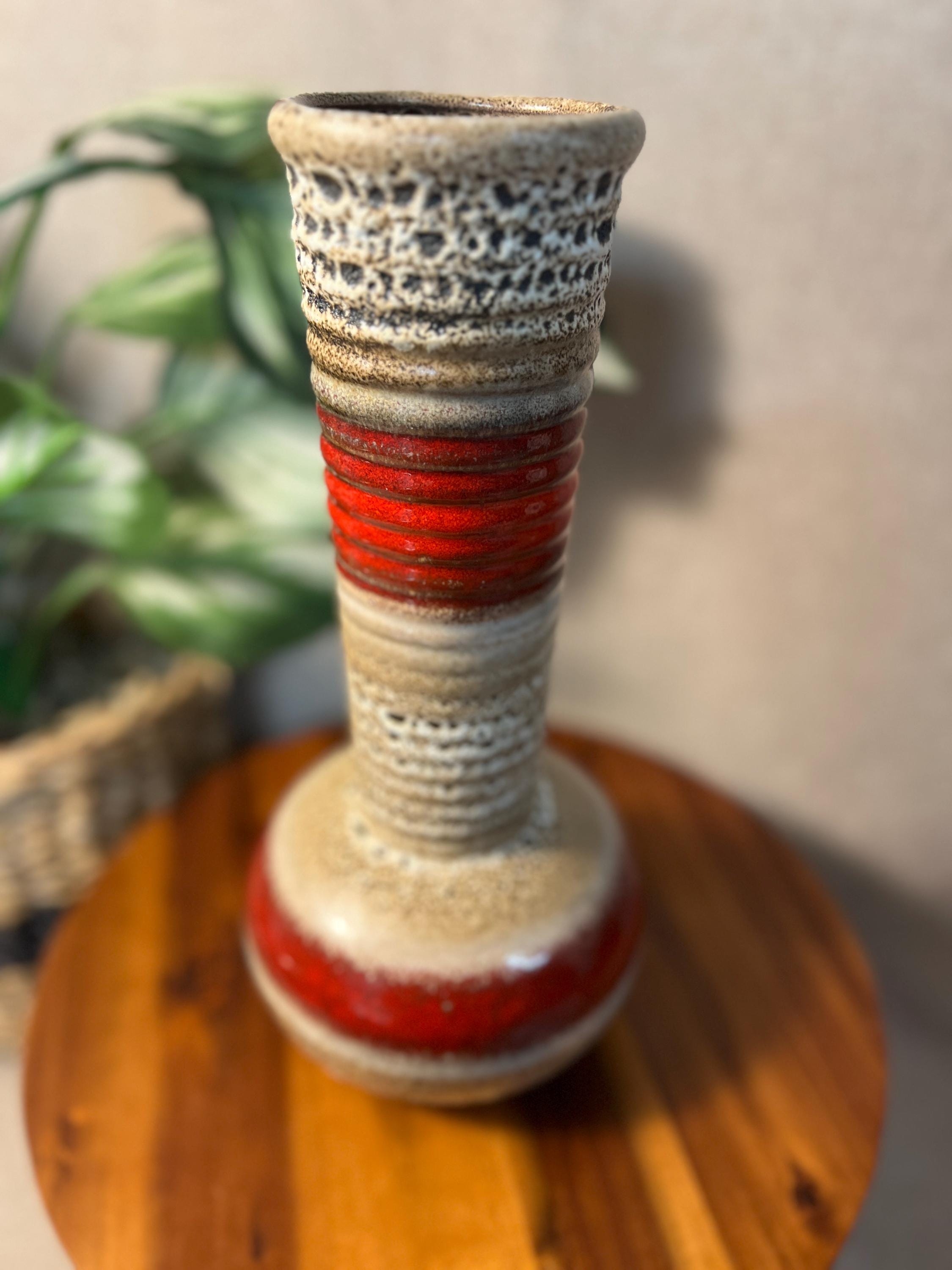 West German Fat Lava Vase Red Black Tan cream MCM Art Pottery
