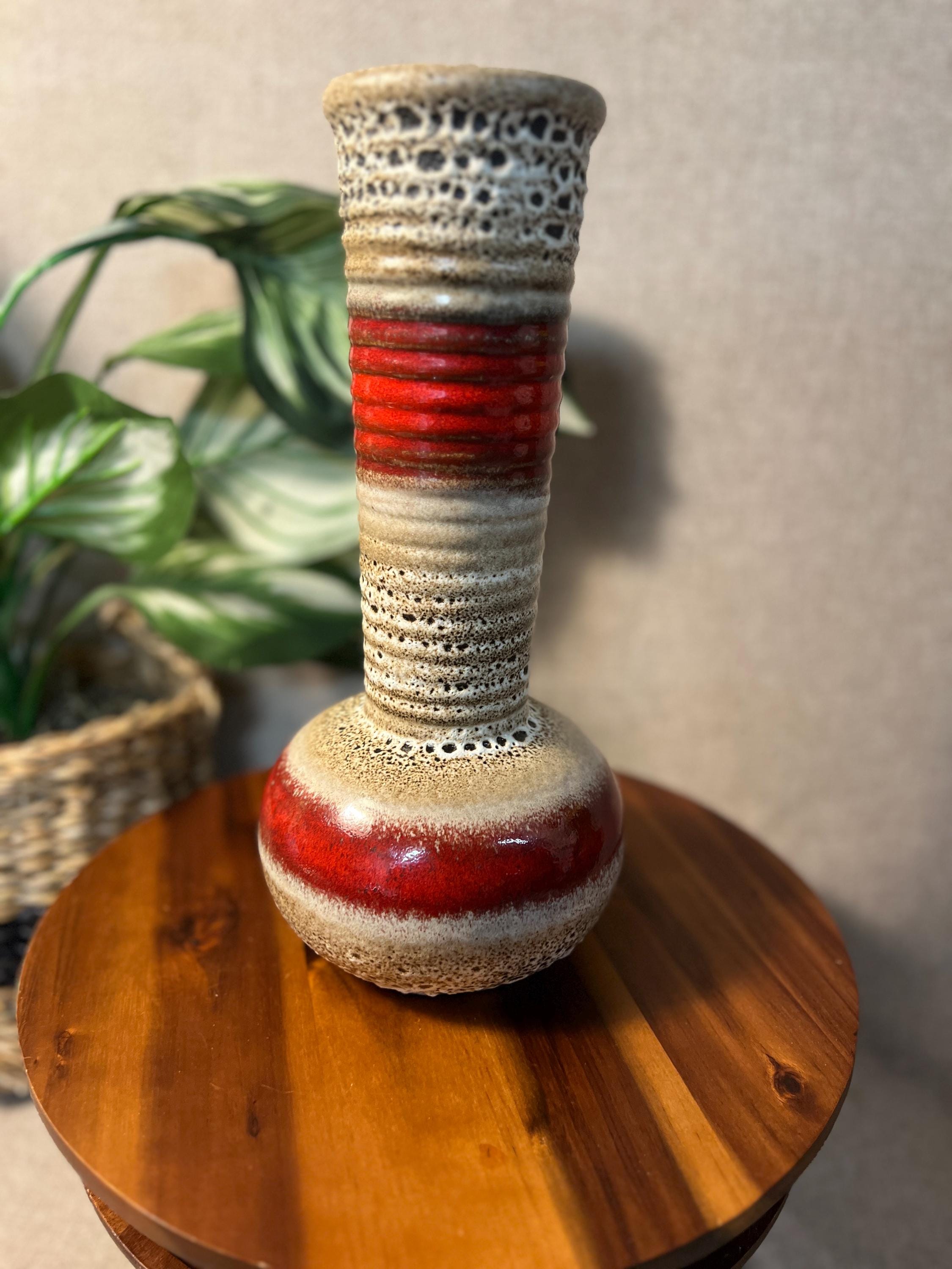 West German Fat Lava Vase Red Black Tan cream MCM Art Pottery