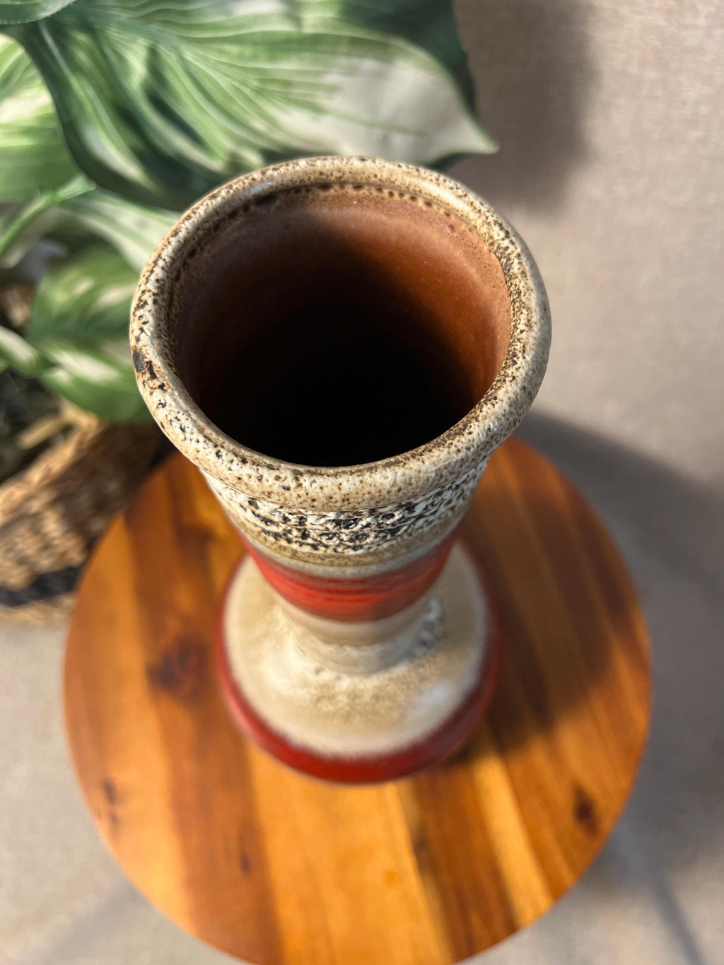 West German Fat Lava Vase Red Black Tan cream MCM Art Pottery