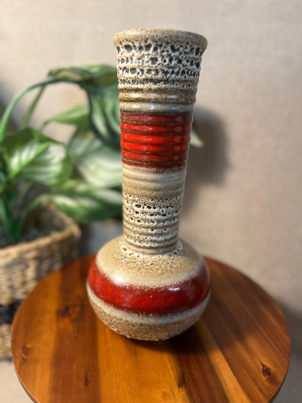 West German Fat Lava Vase Red Black Tan cream MCM Art Pottery