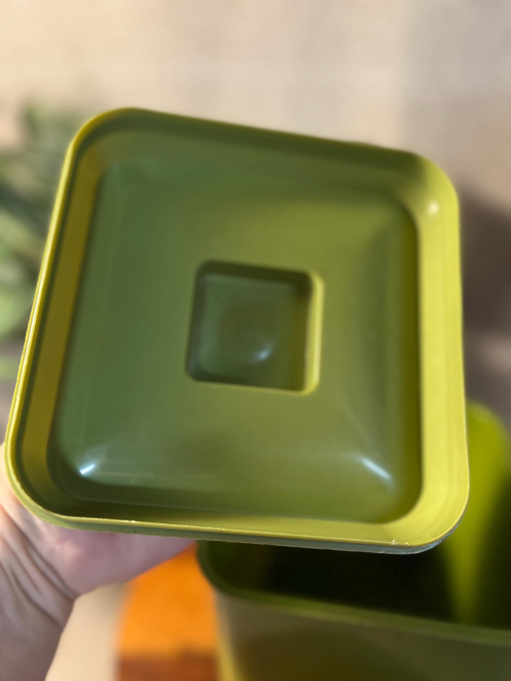1970s Avocado Green Floral Nesting Canister — Retro Plastic Kitchen Storage