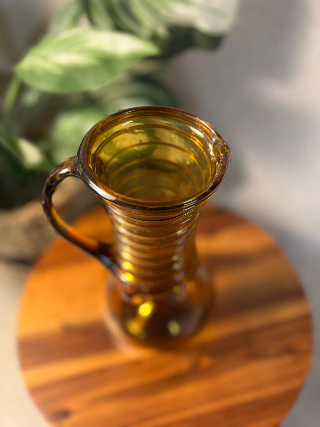 Vintage Amber Glass pitcher Hand blown Mid-Century Modern with a spiral rope design
