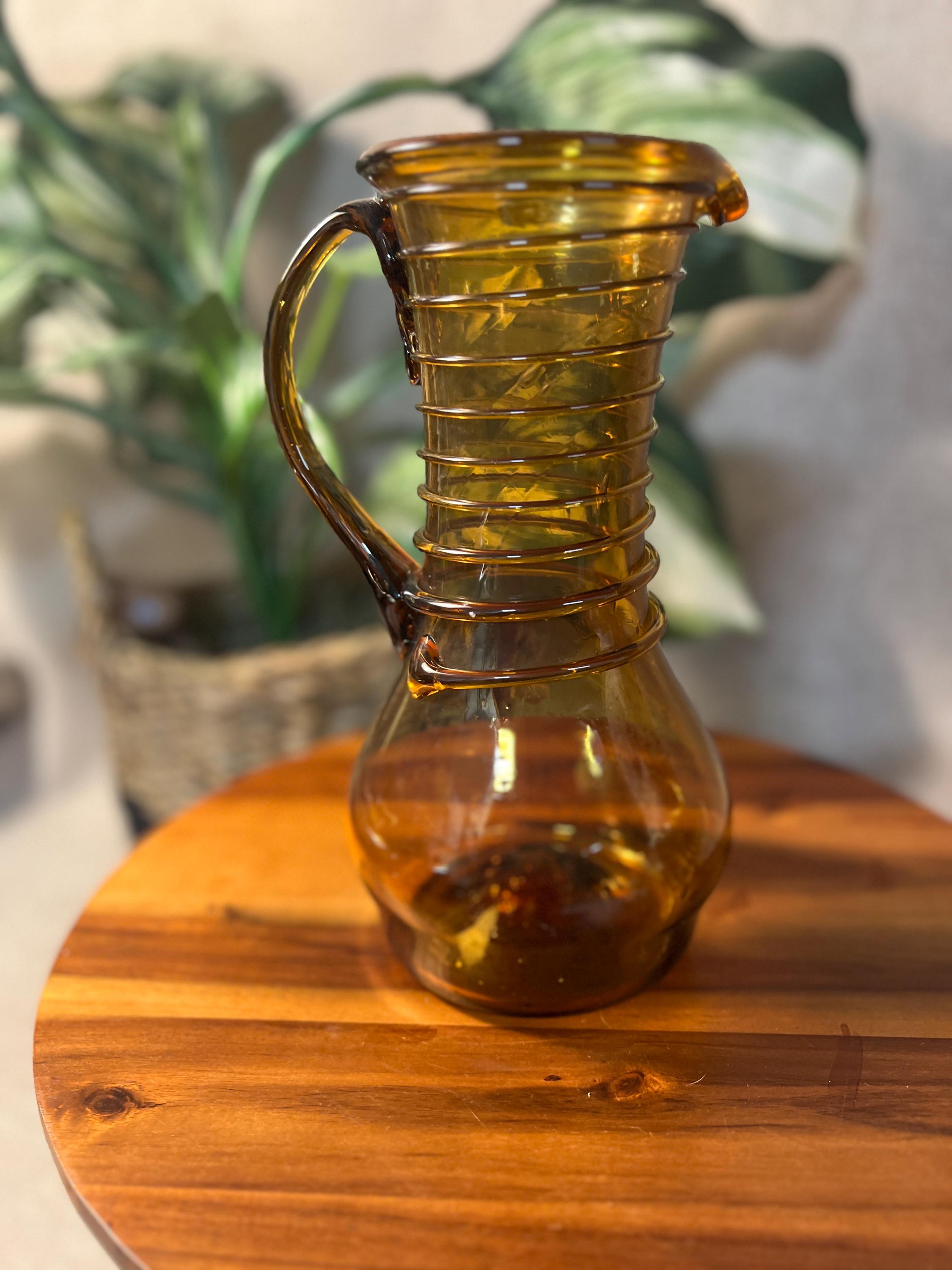 Vintage Amber Glass pitcher Hand blown Mid-Century Modern with a spiral rope design