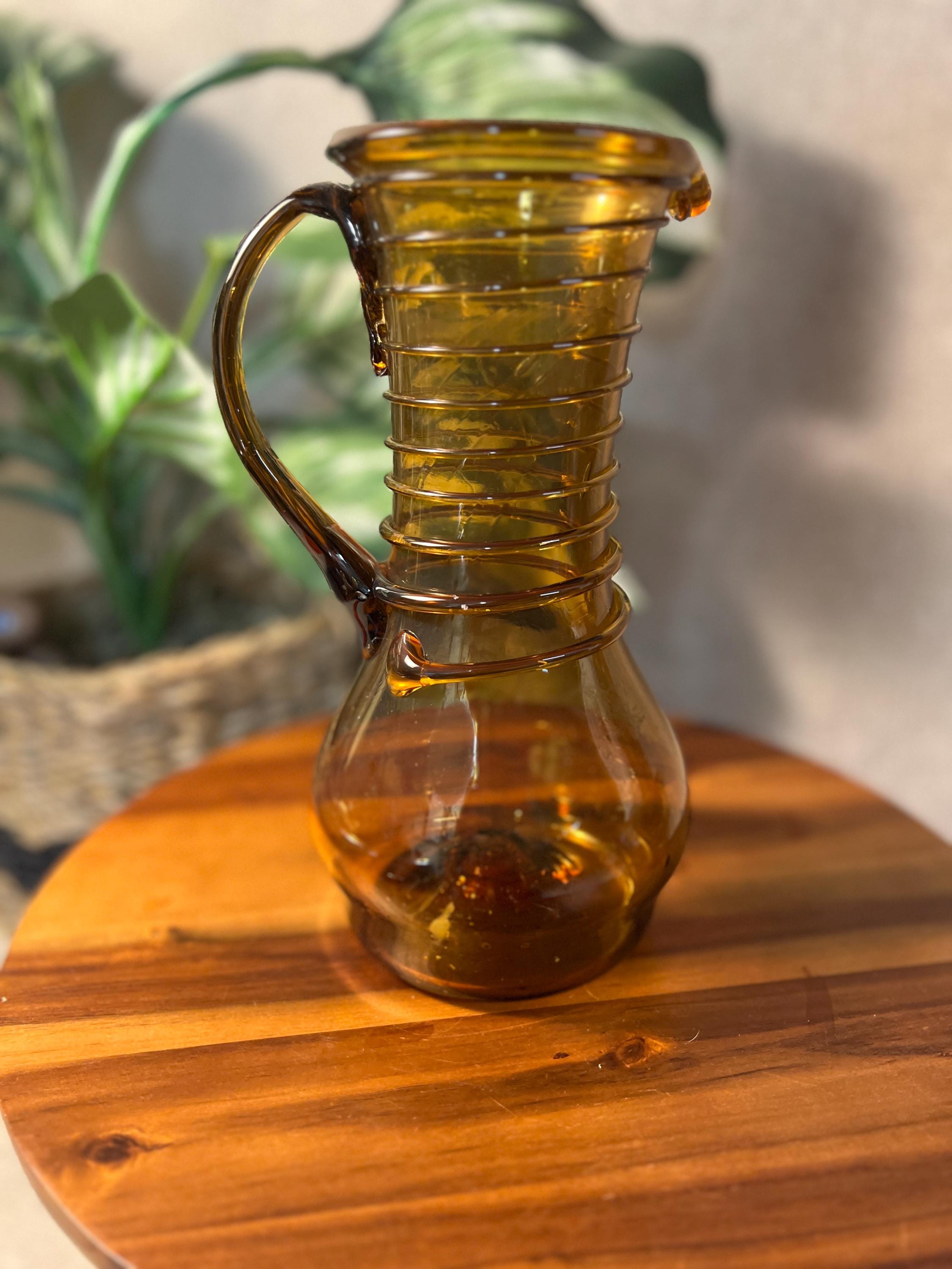 Vintage Amber Glass pitcher Hand blown Mid-Century Modern with a spiral rope design
