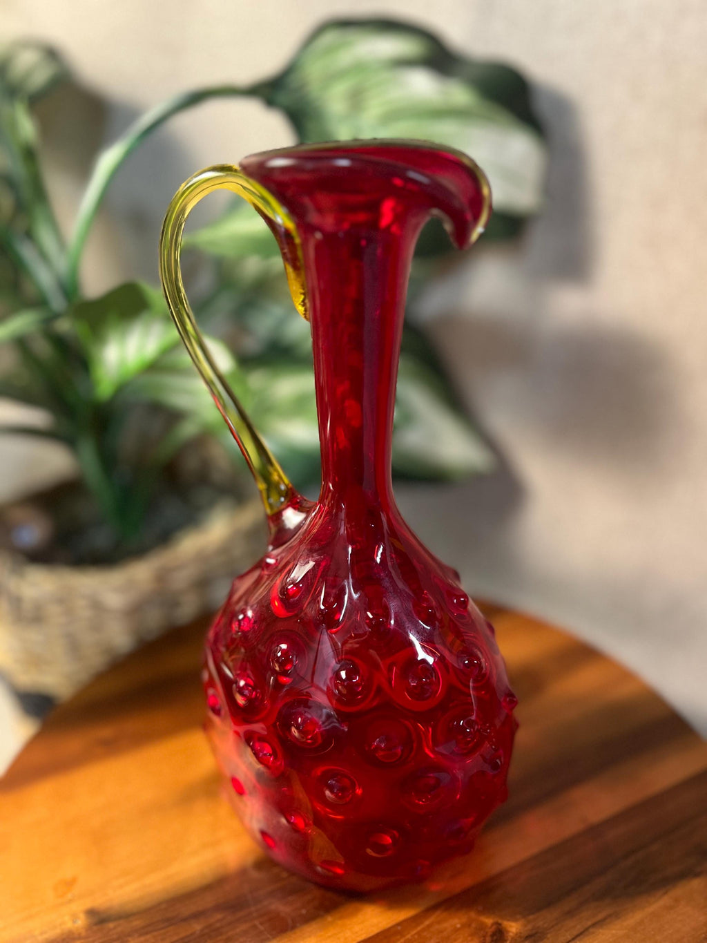 Vintage Amberina Hobnail Art Glass Pitcher W Handle Ruby Red 11" Hand Blown